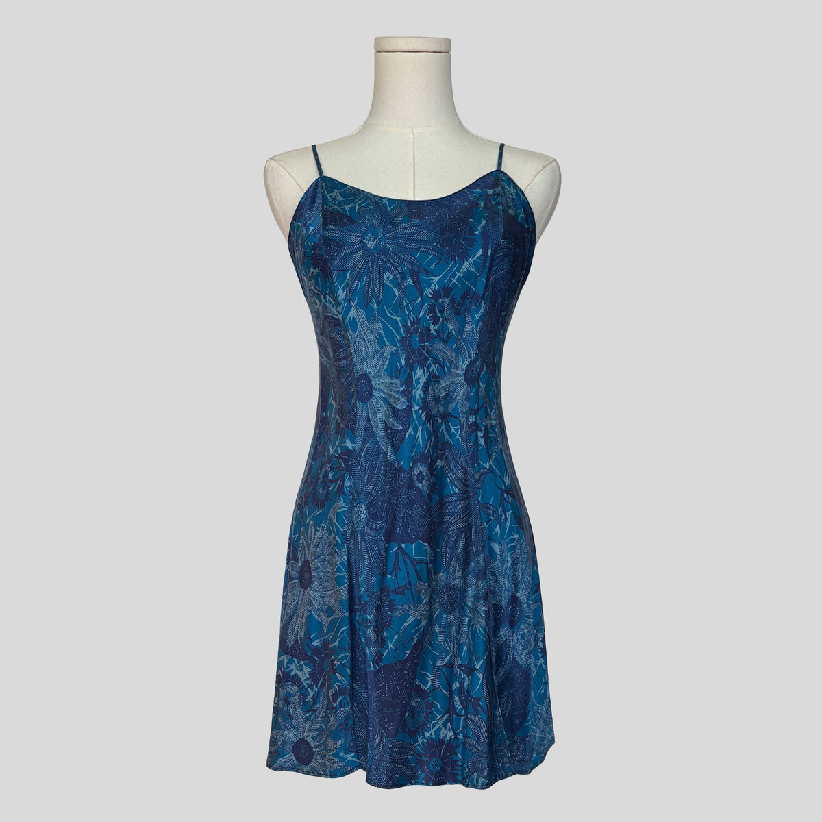Silk slip dress in blue floral