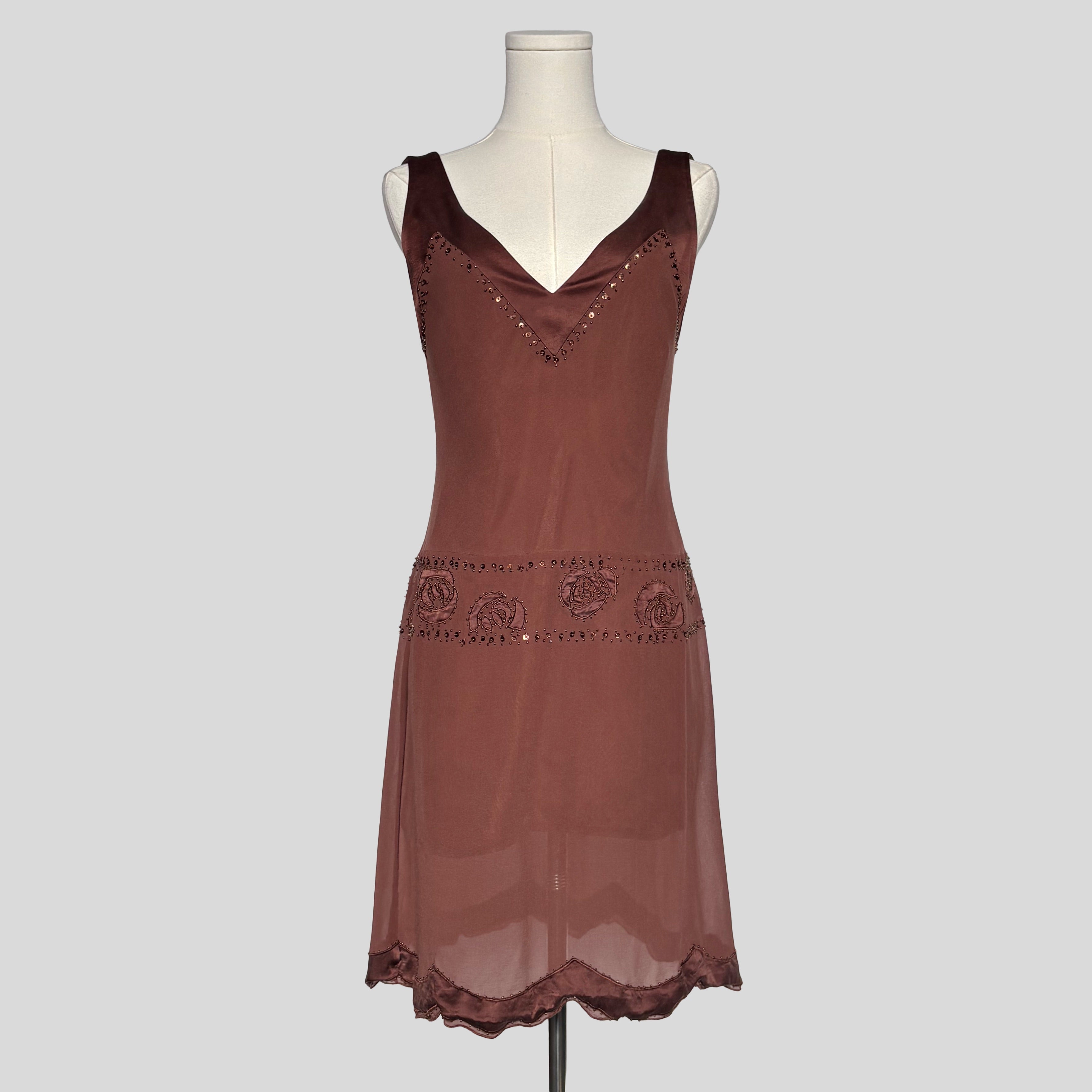 Beaded scalloped hem mini dress