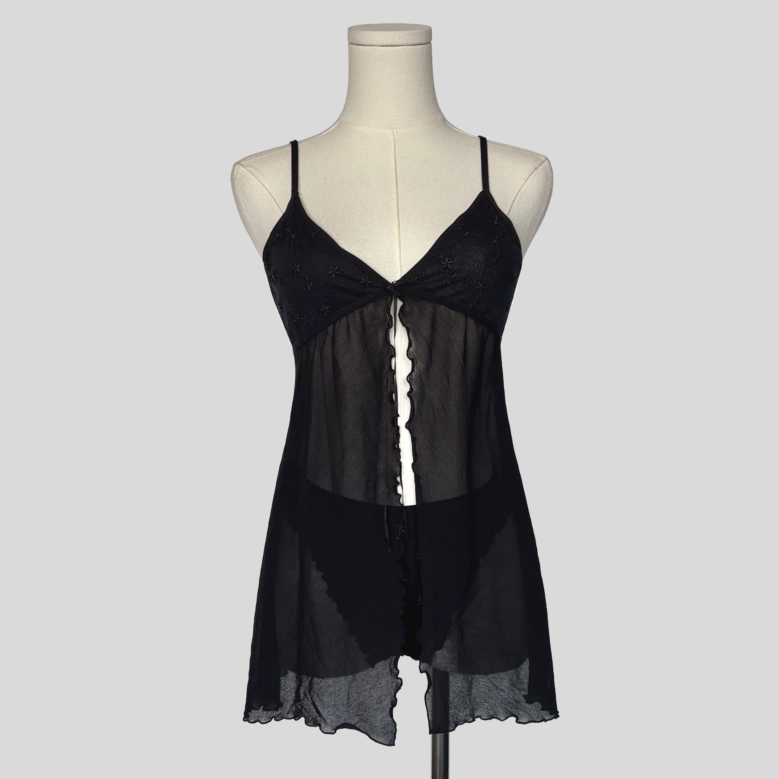 Sheer embroidered split front chemise with matching panties