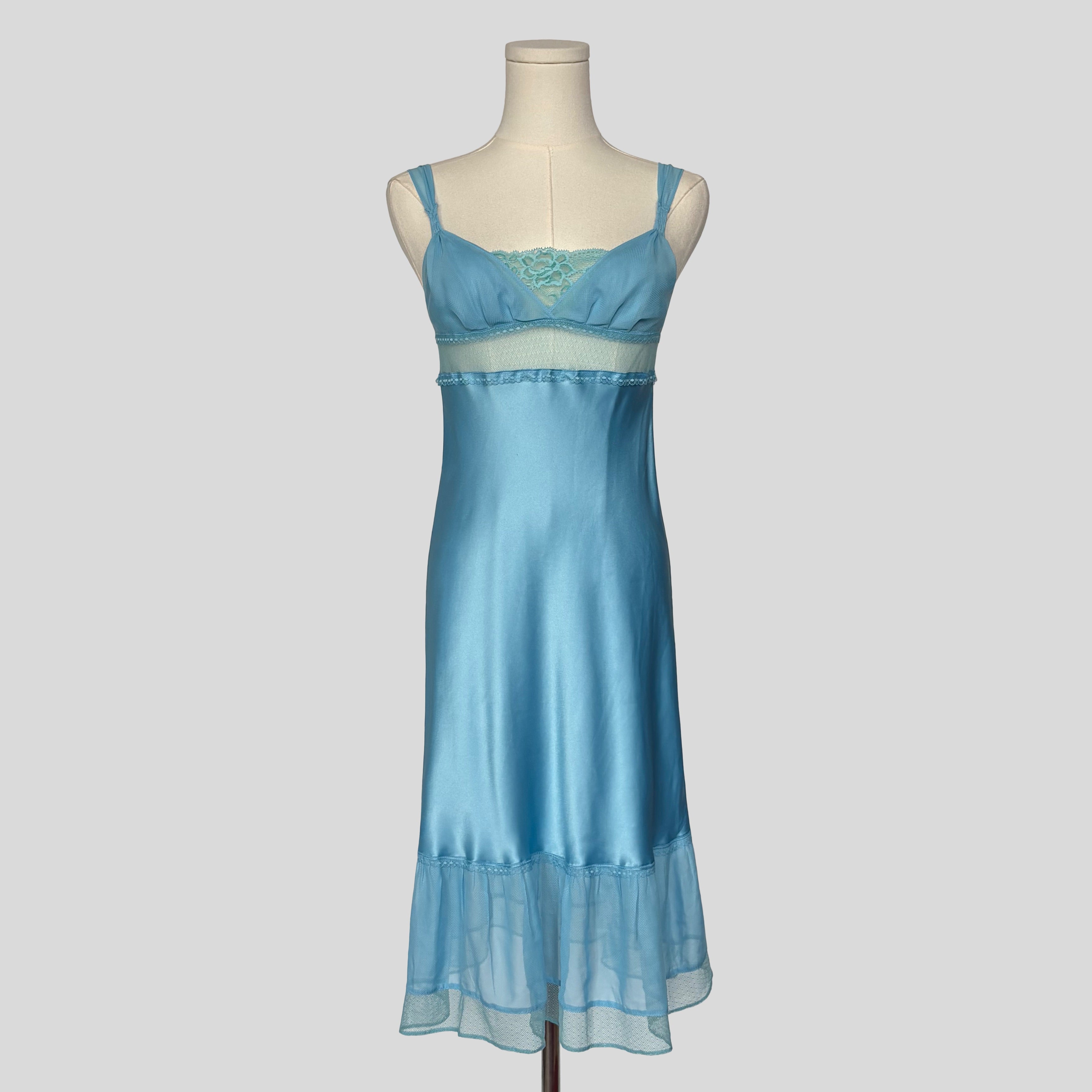 Silky blue lace inset midi slip