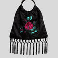 Floral embroidered fringe trim purse in black