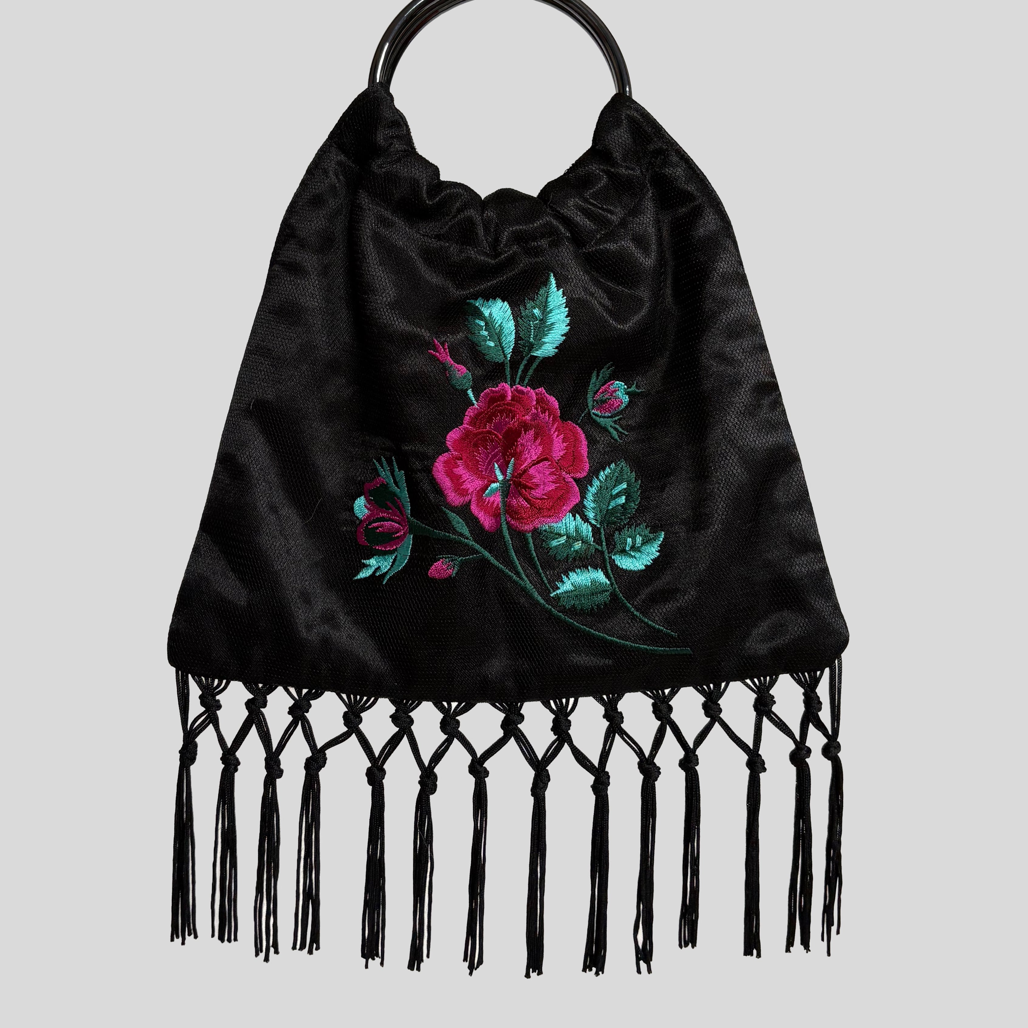 Floral embroidered fringe trim purse in black