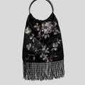 Floral embroidered beaded fringe trim purse in black and grey