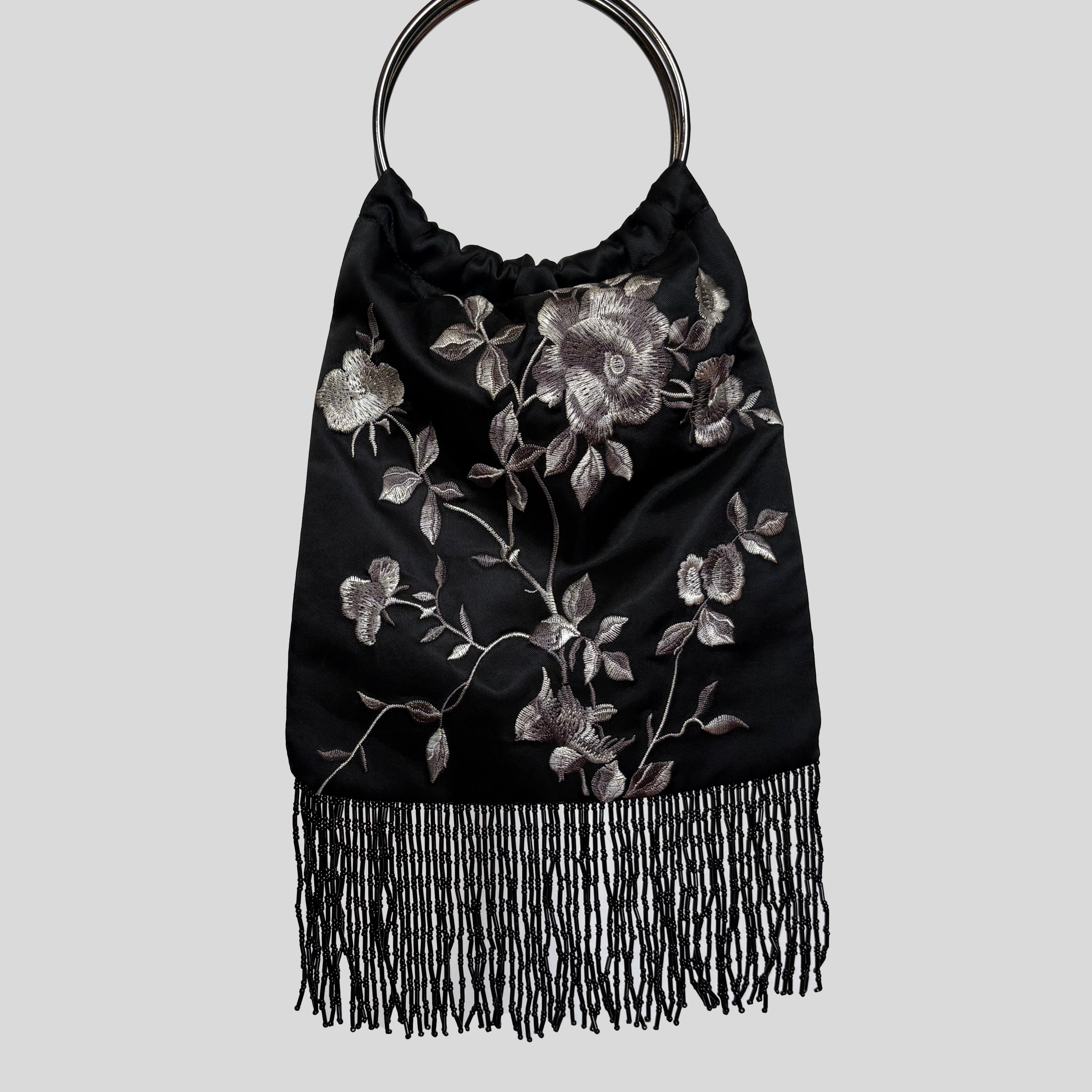 Floral embroidered beaded fringe trim purse in black and grey