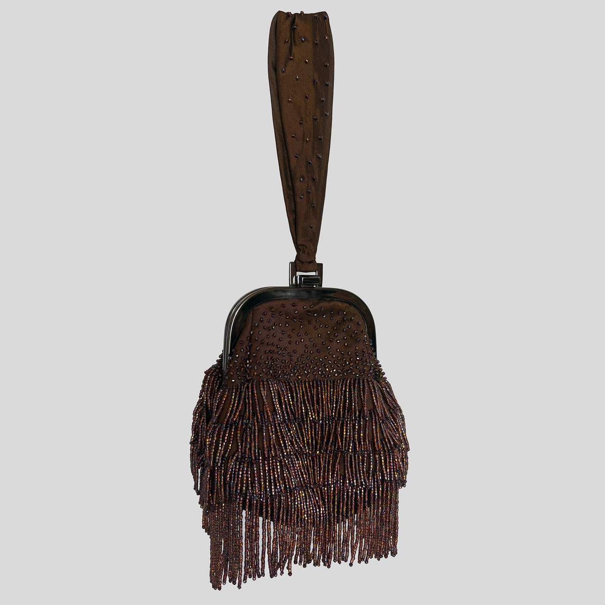 Fringe beaded purse in brown