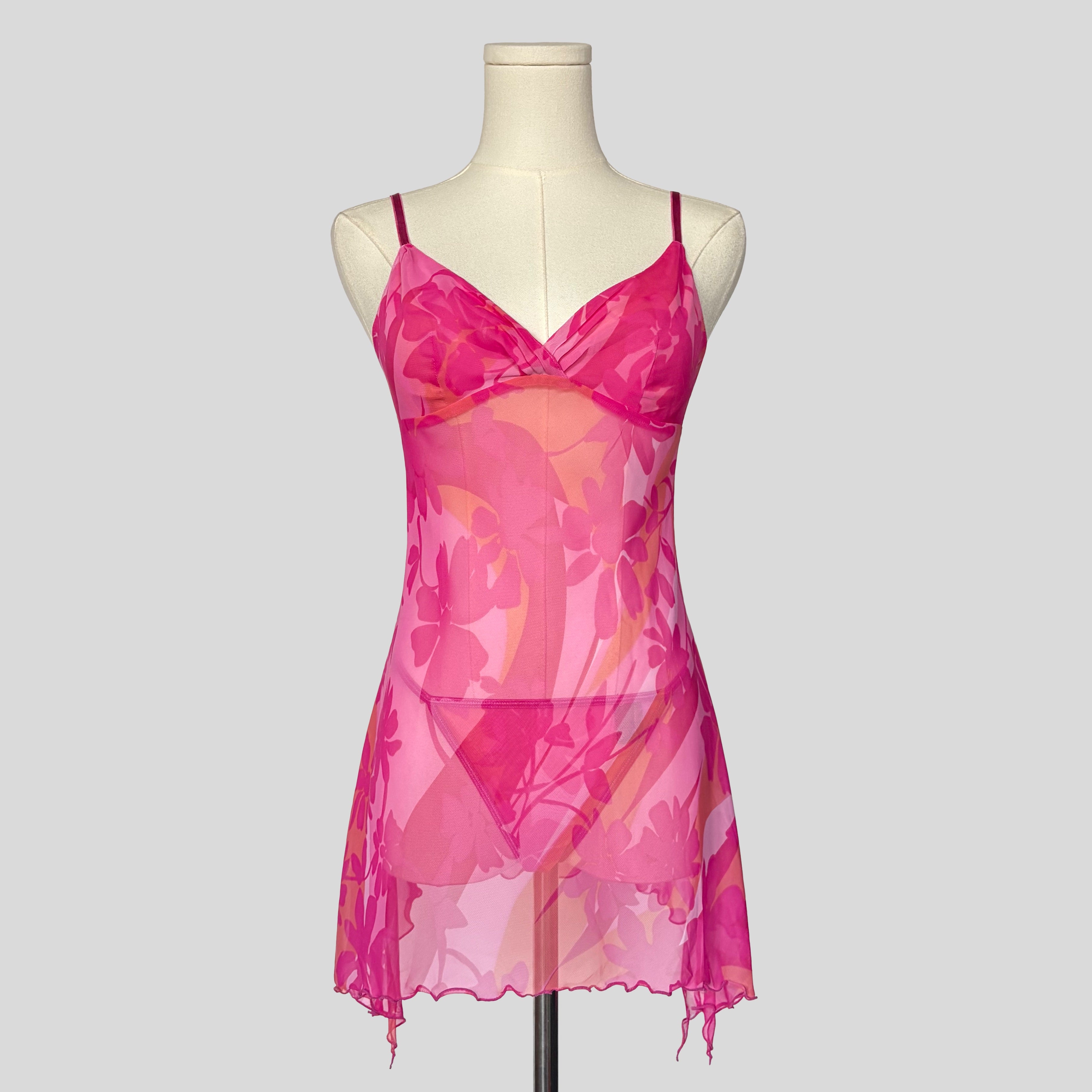 Bright sheer floral slip dress with matching panties