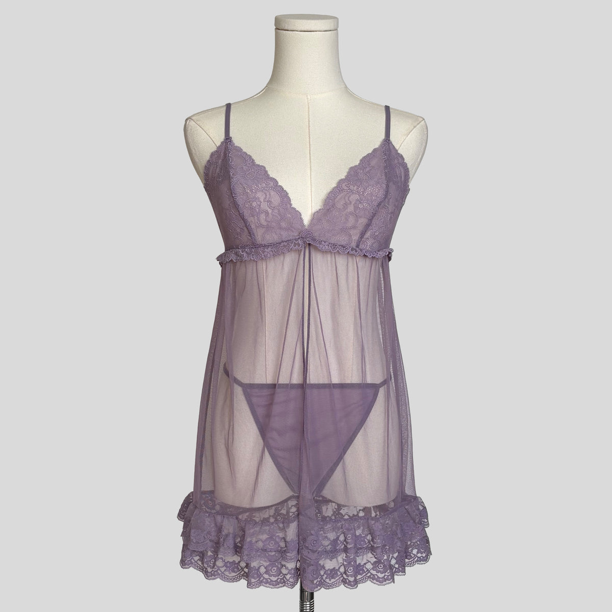 Mesh ruffled lace split front babydoll with matching panties in purple