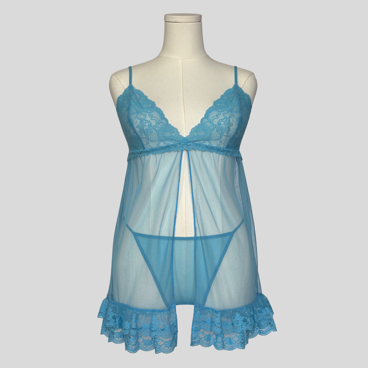 Mesh ruffled lace split front babydoll with matching panties