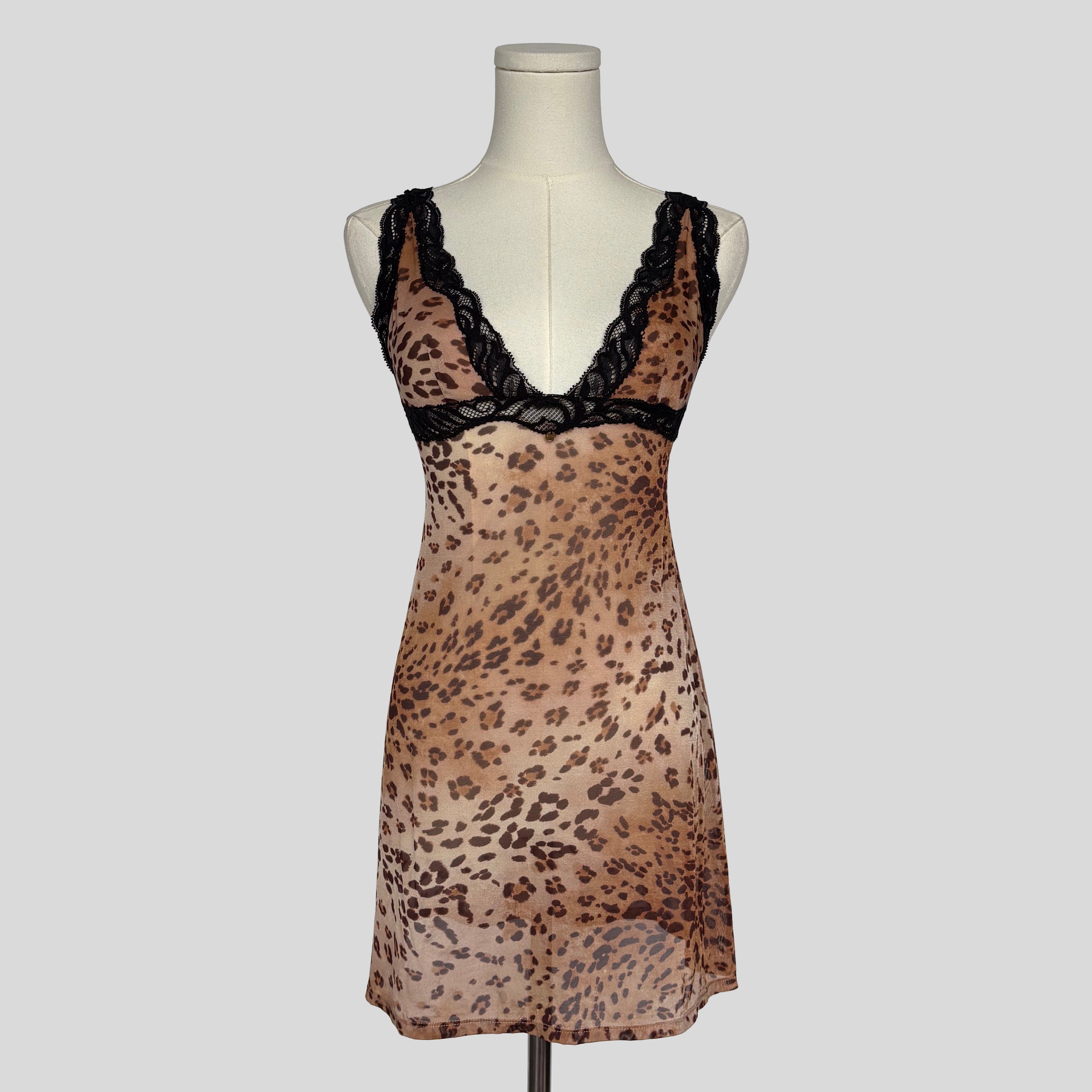 Leopard print sheer lace trim slip