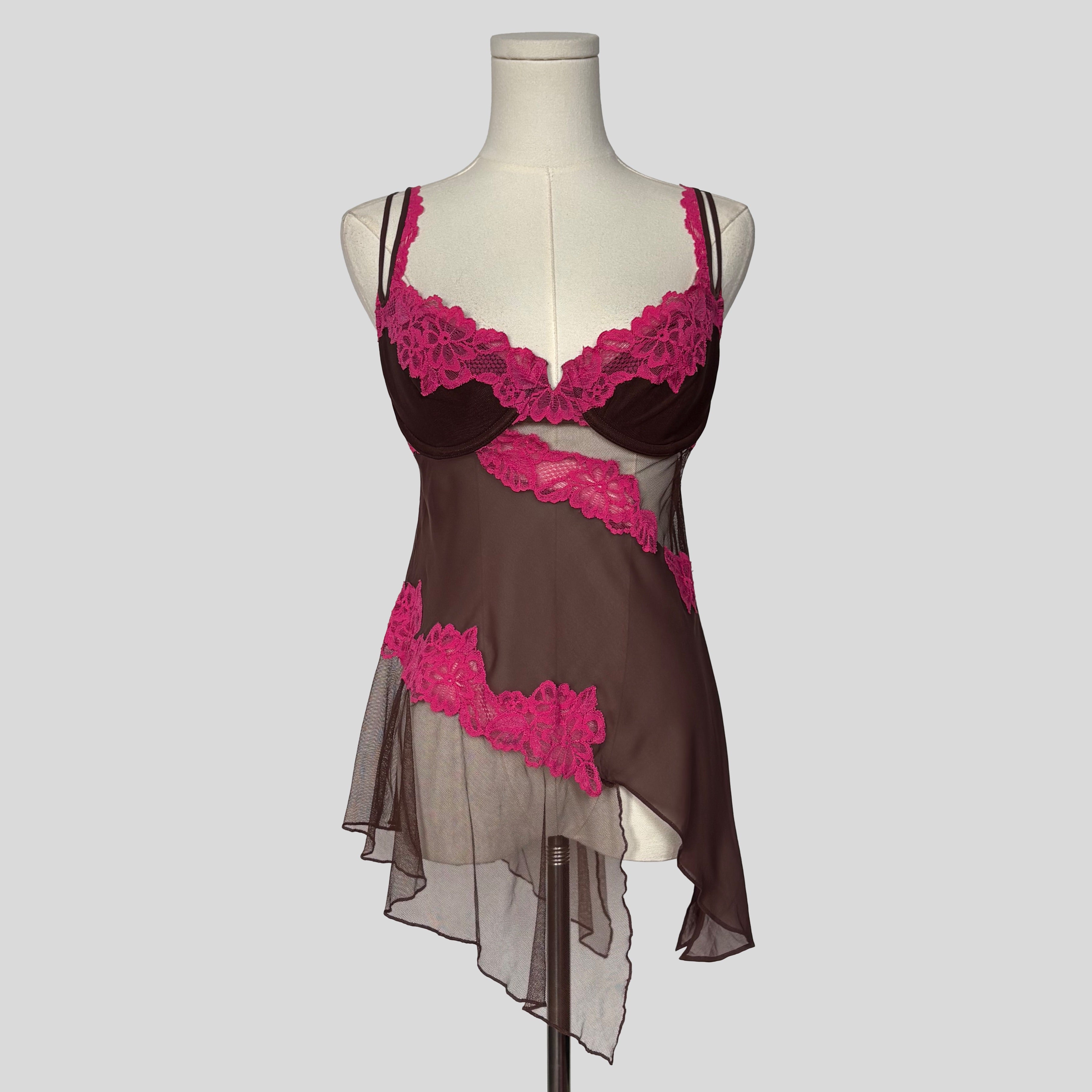 Asymmetrical mesh lace trim bra top