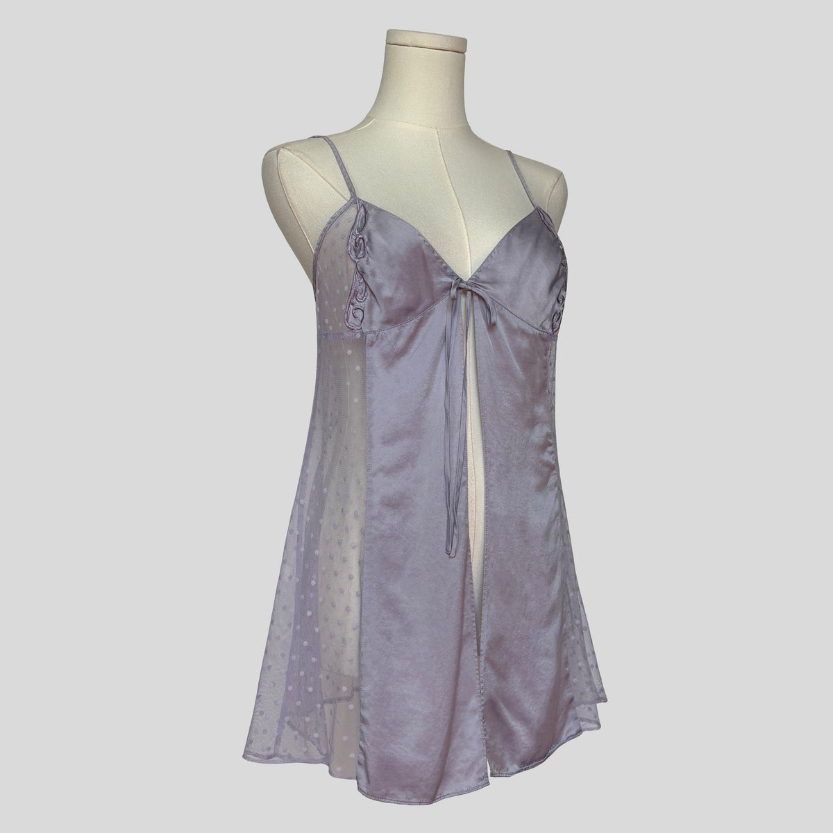 Polka dot mesh flyaway babydoll chemise in lilac