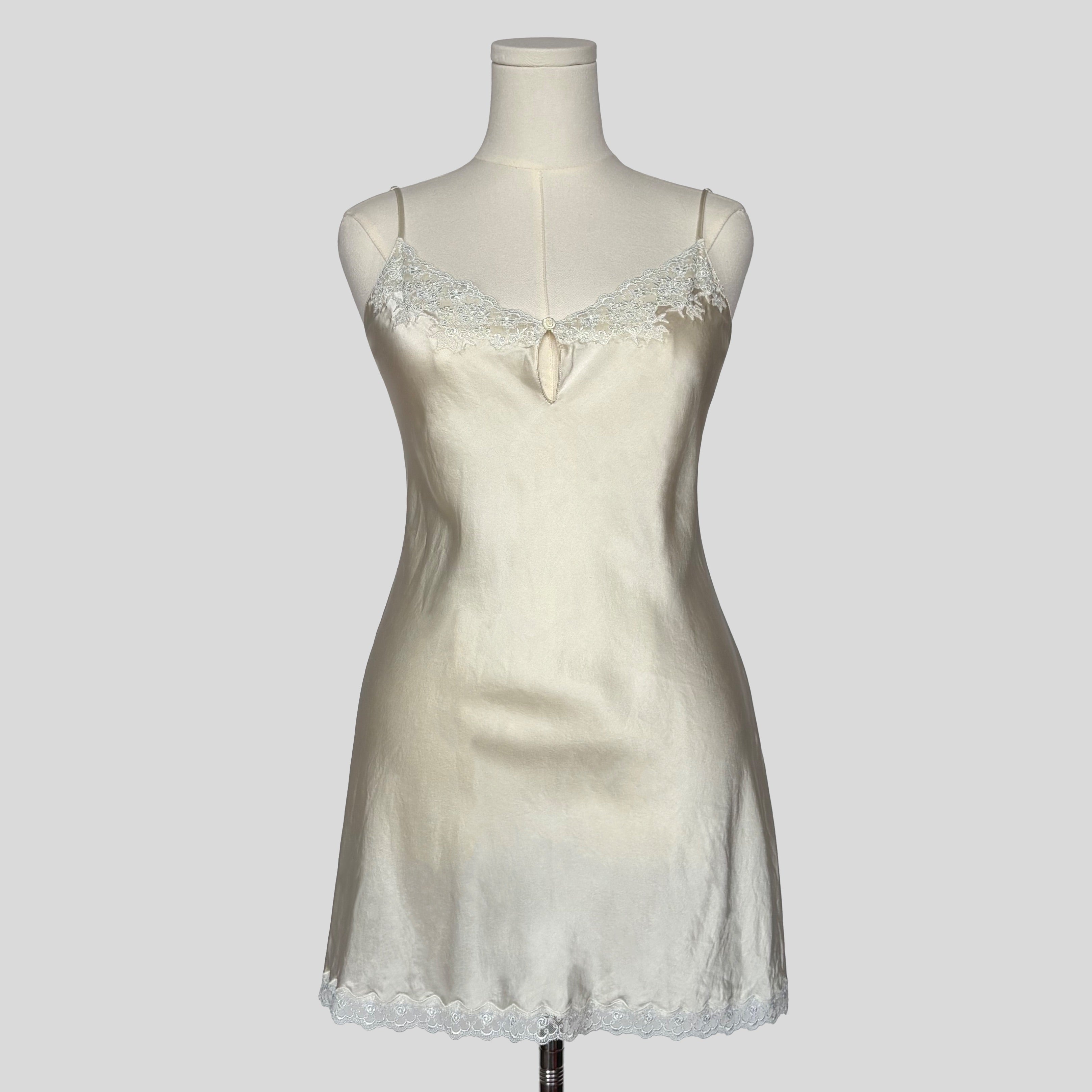 Lace trim silk slip dress in white