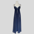 Embroidered split front gown in navy