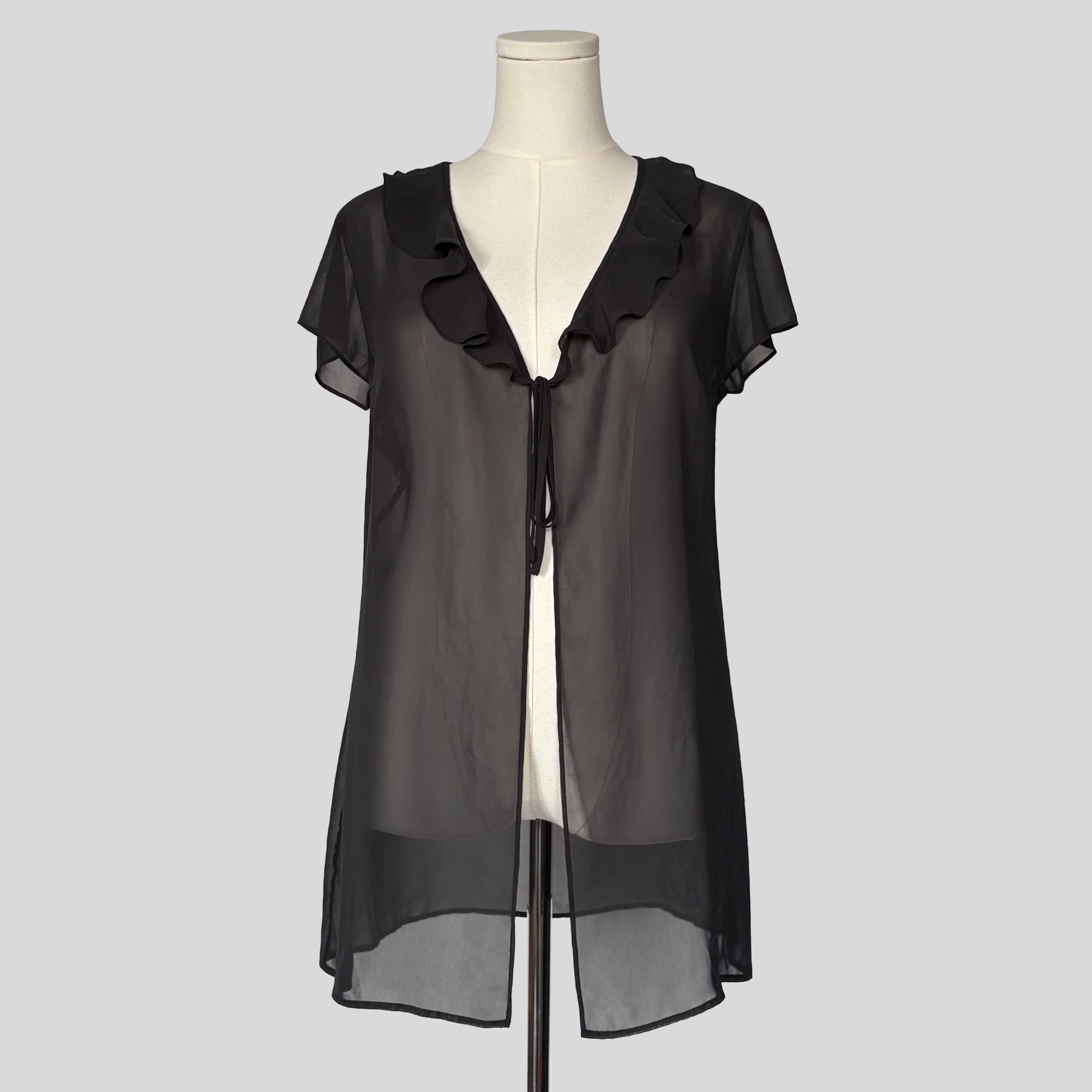 Ruffled split front robe in black