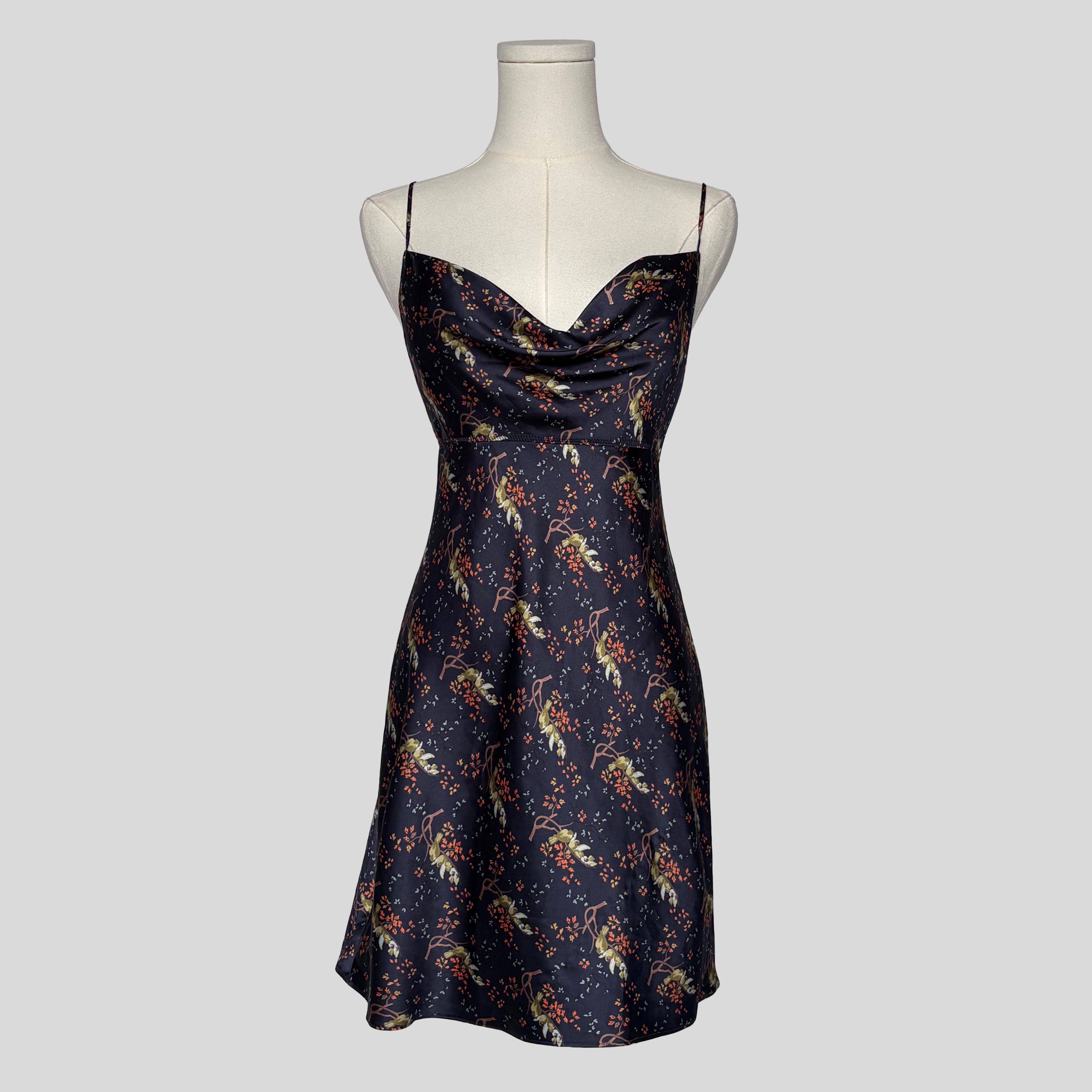 Silky floral slip dress in navy