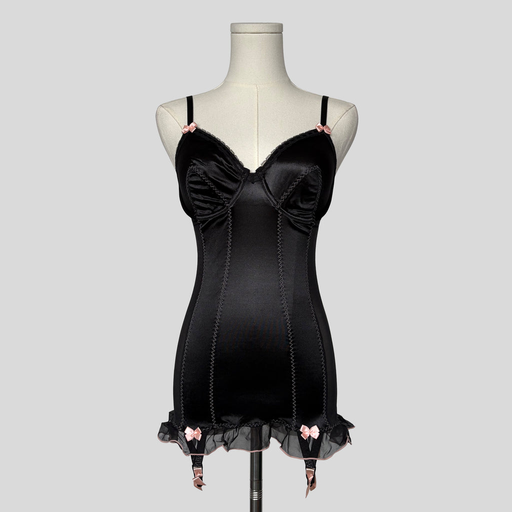 Satin ruffled backless garter chemise