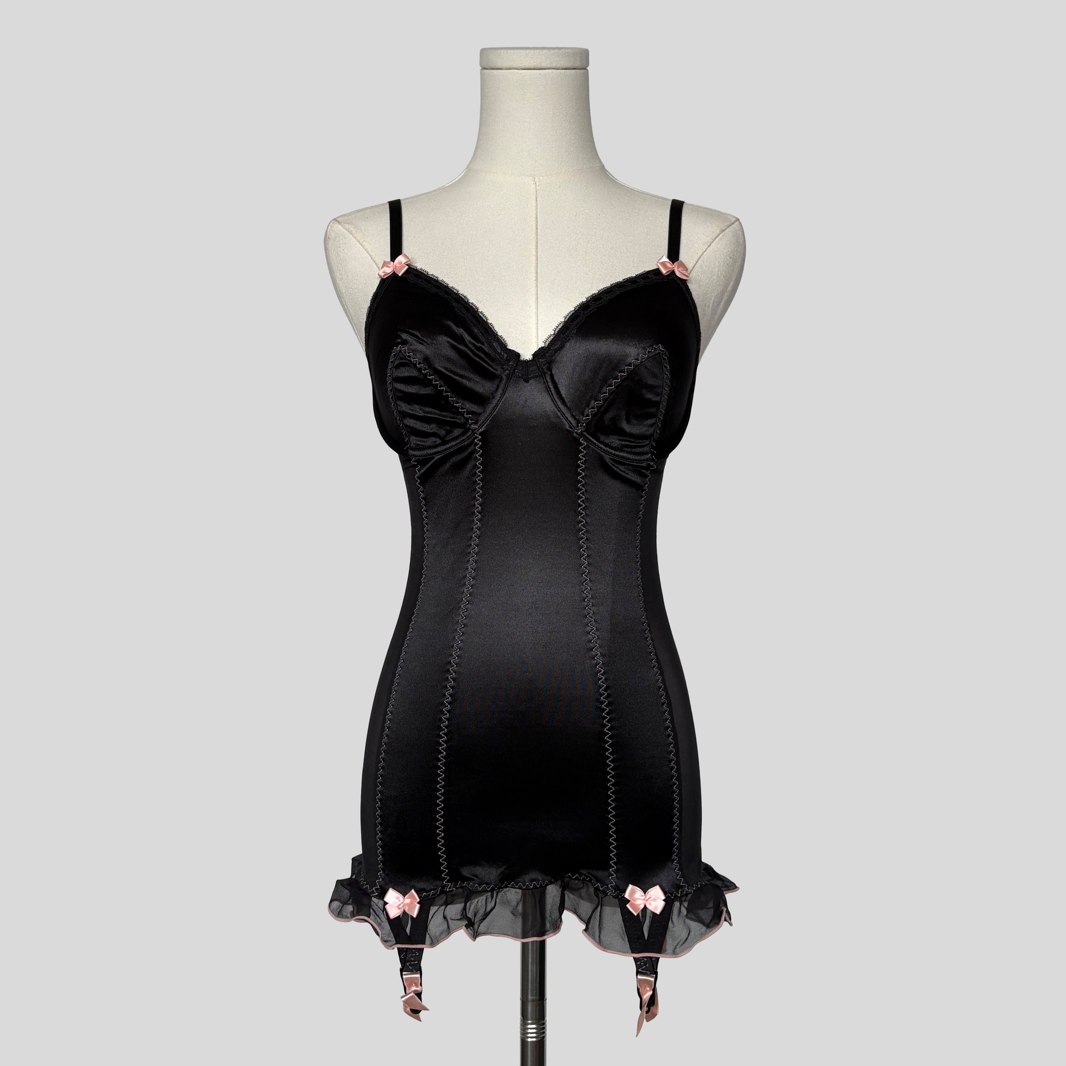 Satin ruffled backless garter chemise