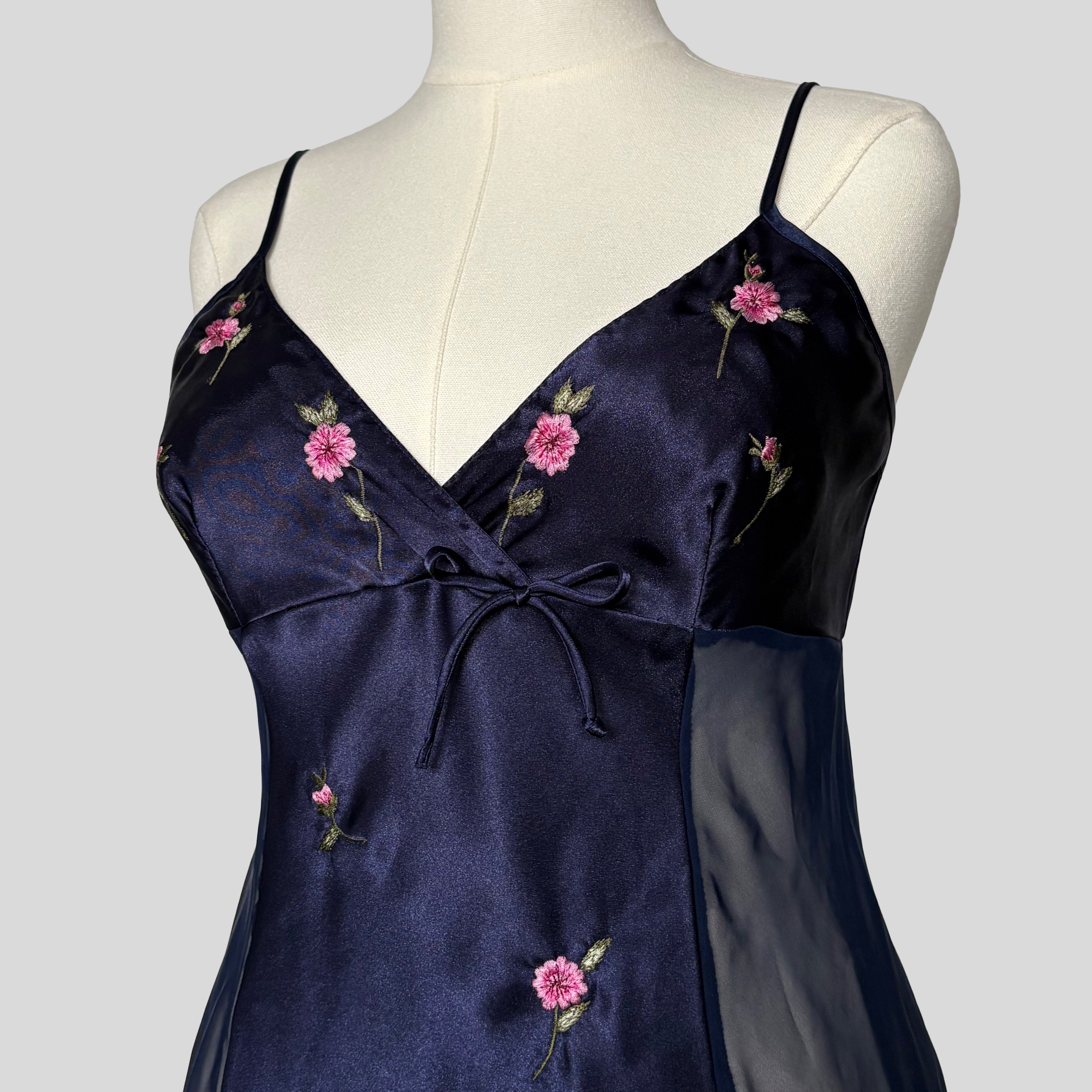 Embroidered sheer panel slip dress