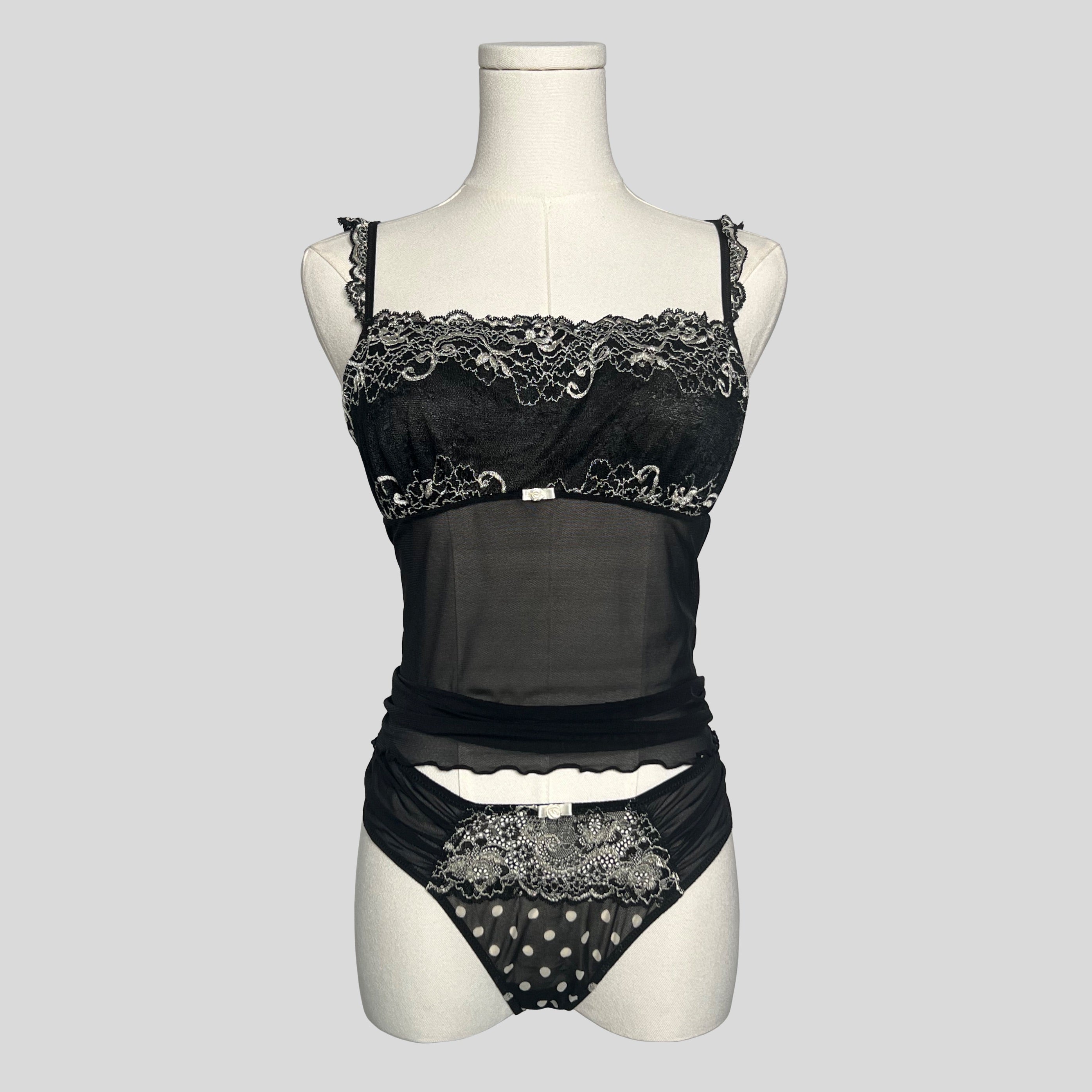 Lace mesh cami and matching polka dot panties