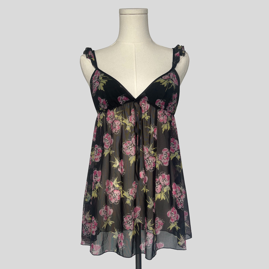Ruffled babydoll dress in black floral