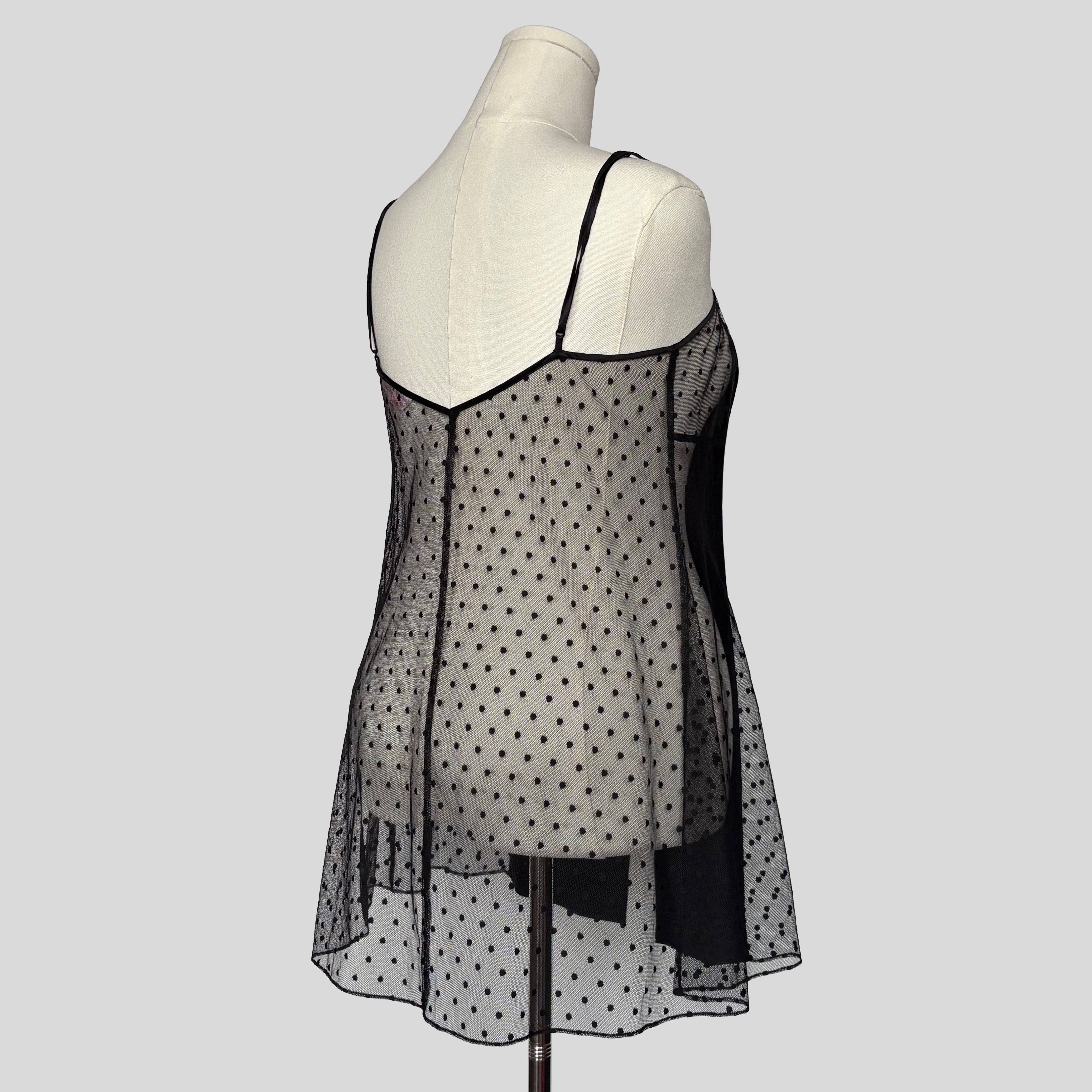 Polka dot mesh flyaway babydoll chemise in black