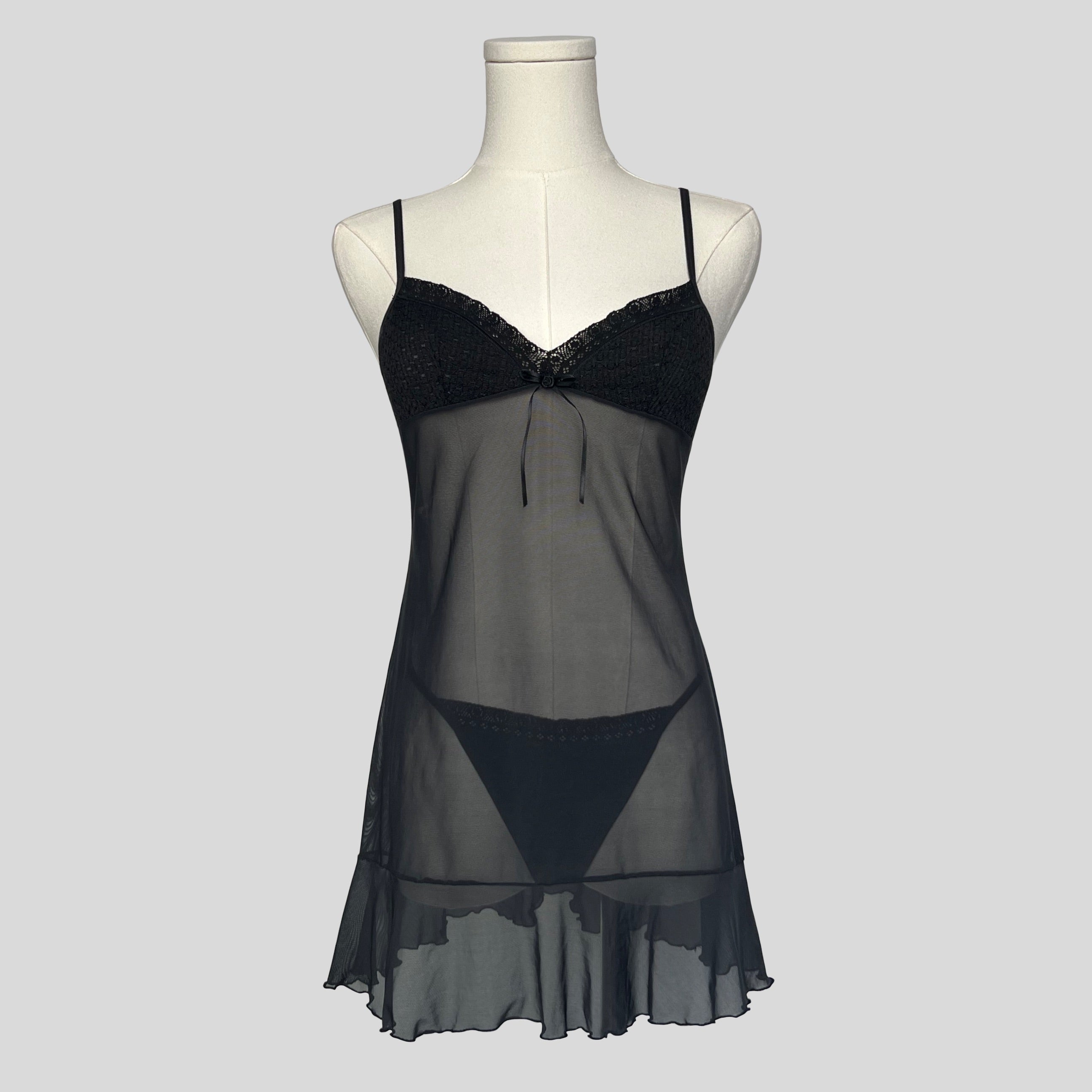 Textured bust ruffled slip dress with matching panties in black