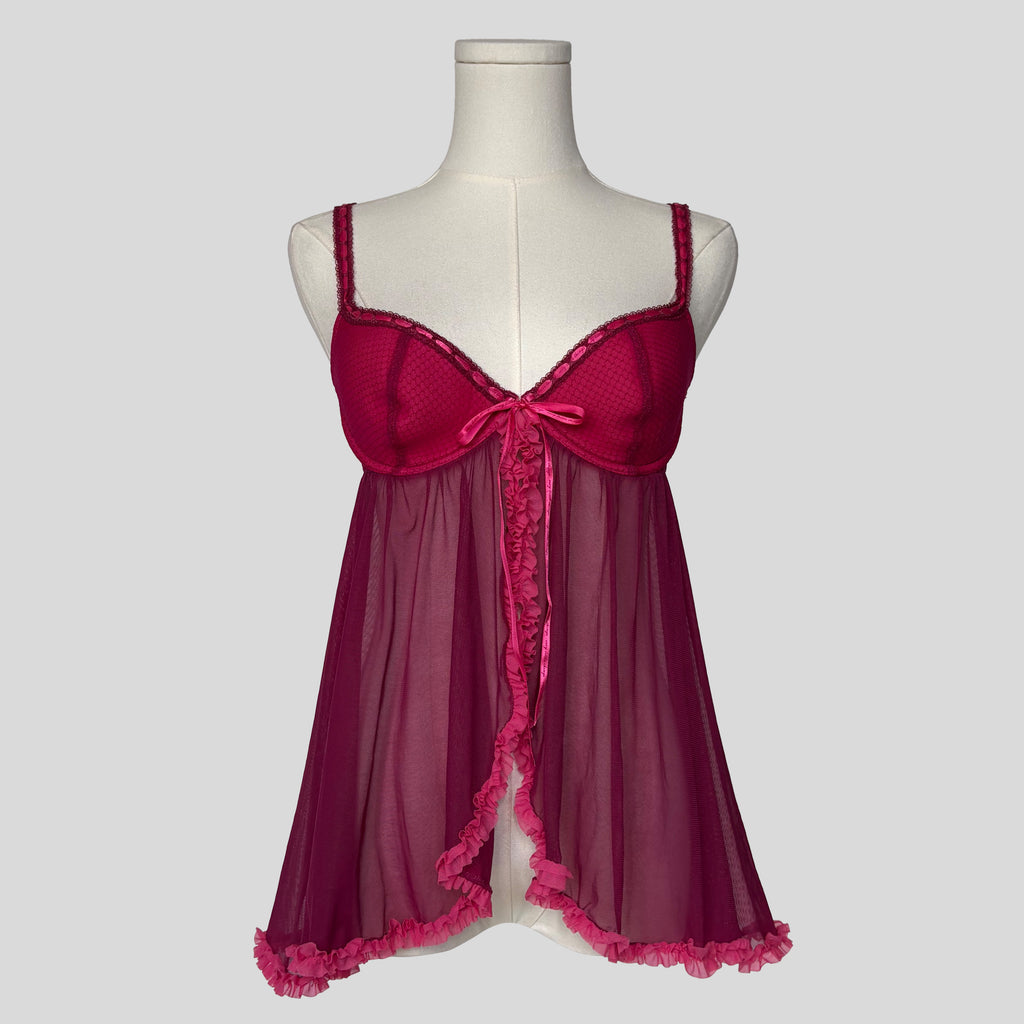 Ruffled mesh split front babydoll chemise