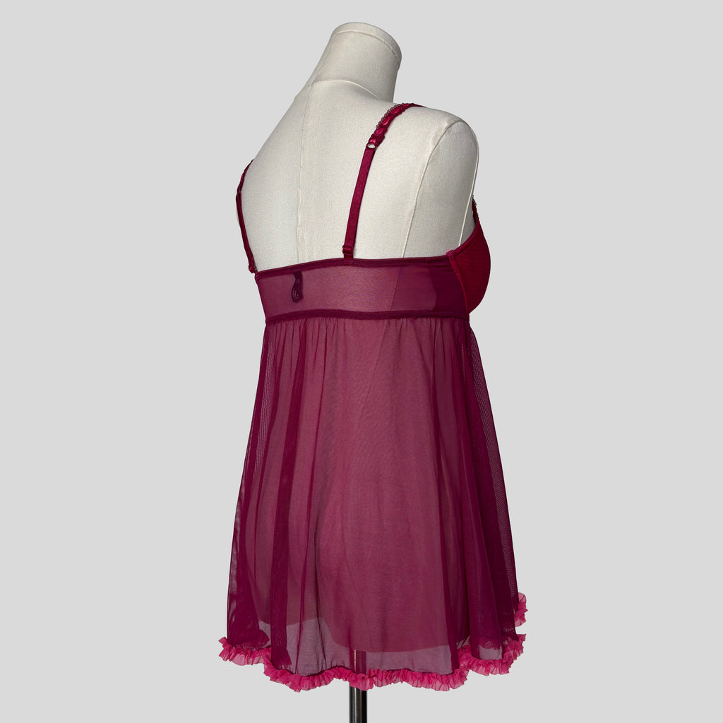 Ruffled mesh split front babydoll chemise
