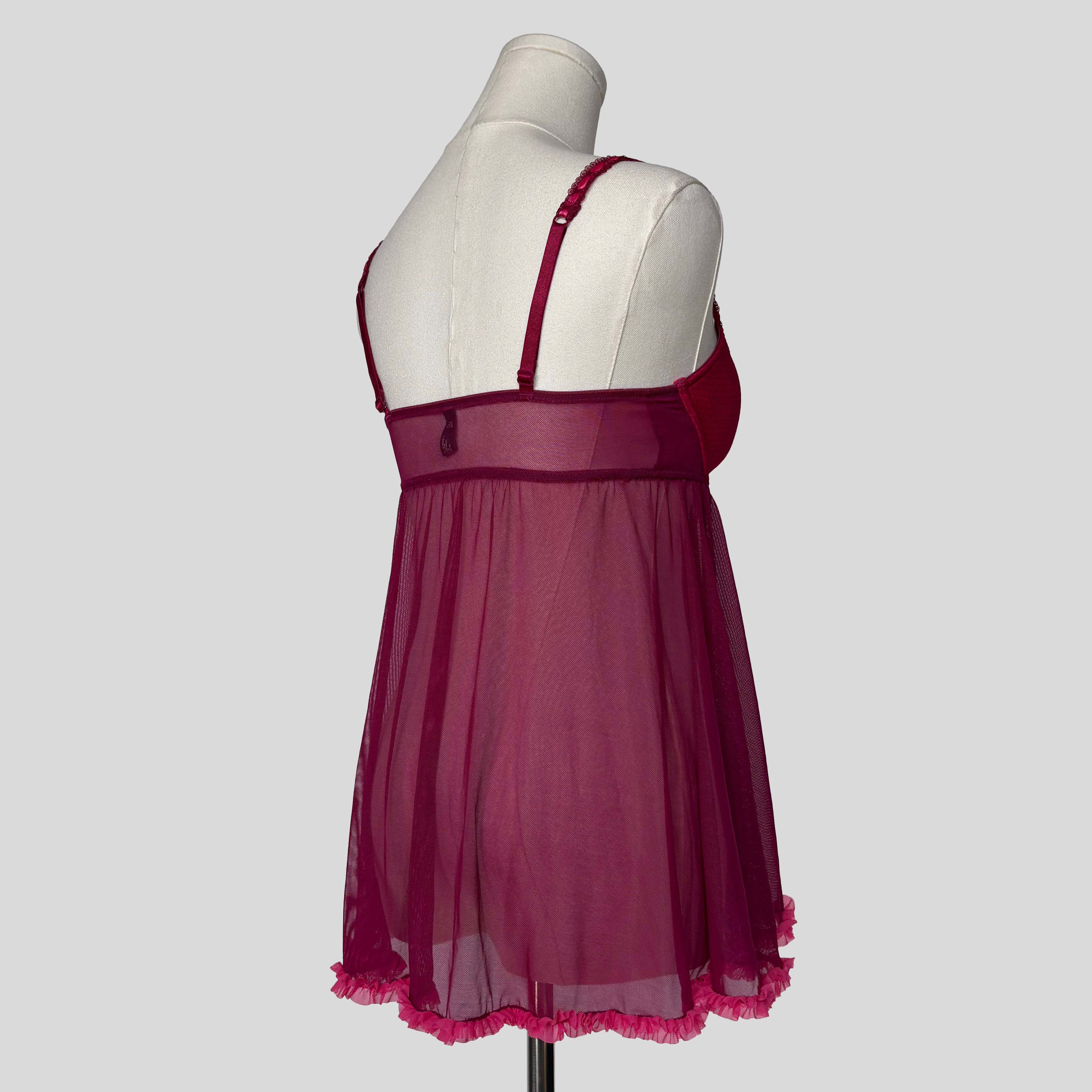 Ruffled mesh split front babydoll chemise