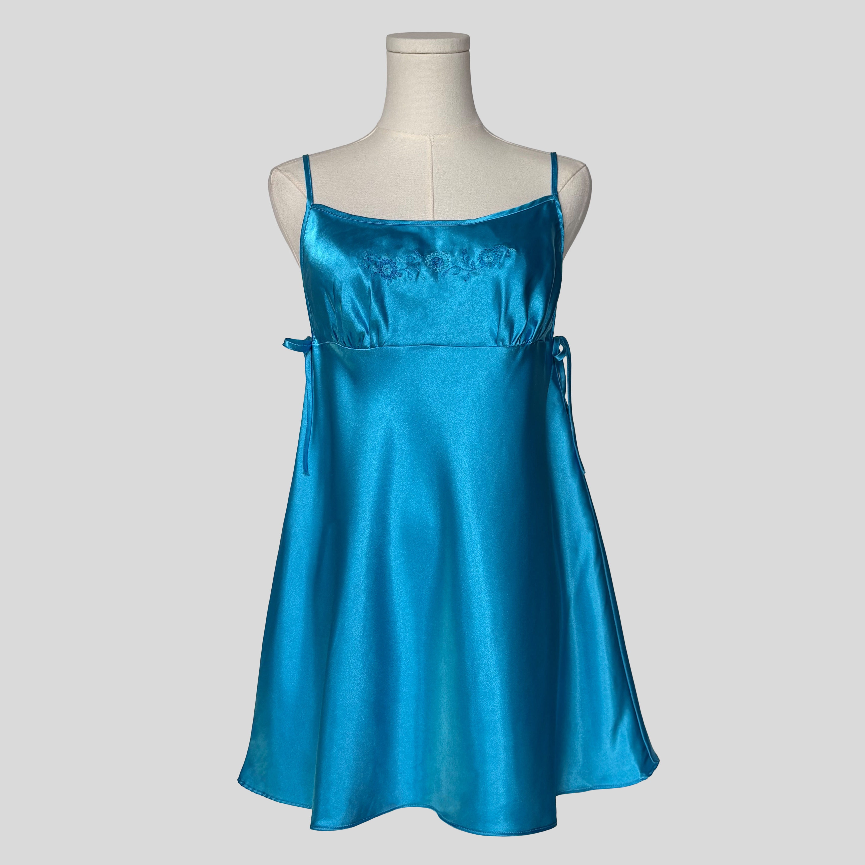 Silky embroidered slip dress with matching panties in blue