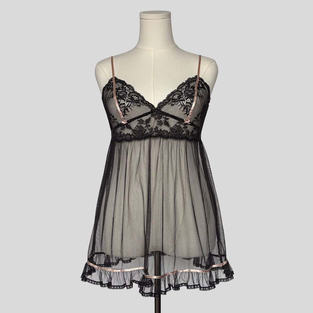 Sheer ribbon trim ruffled babydoll