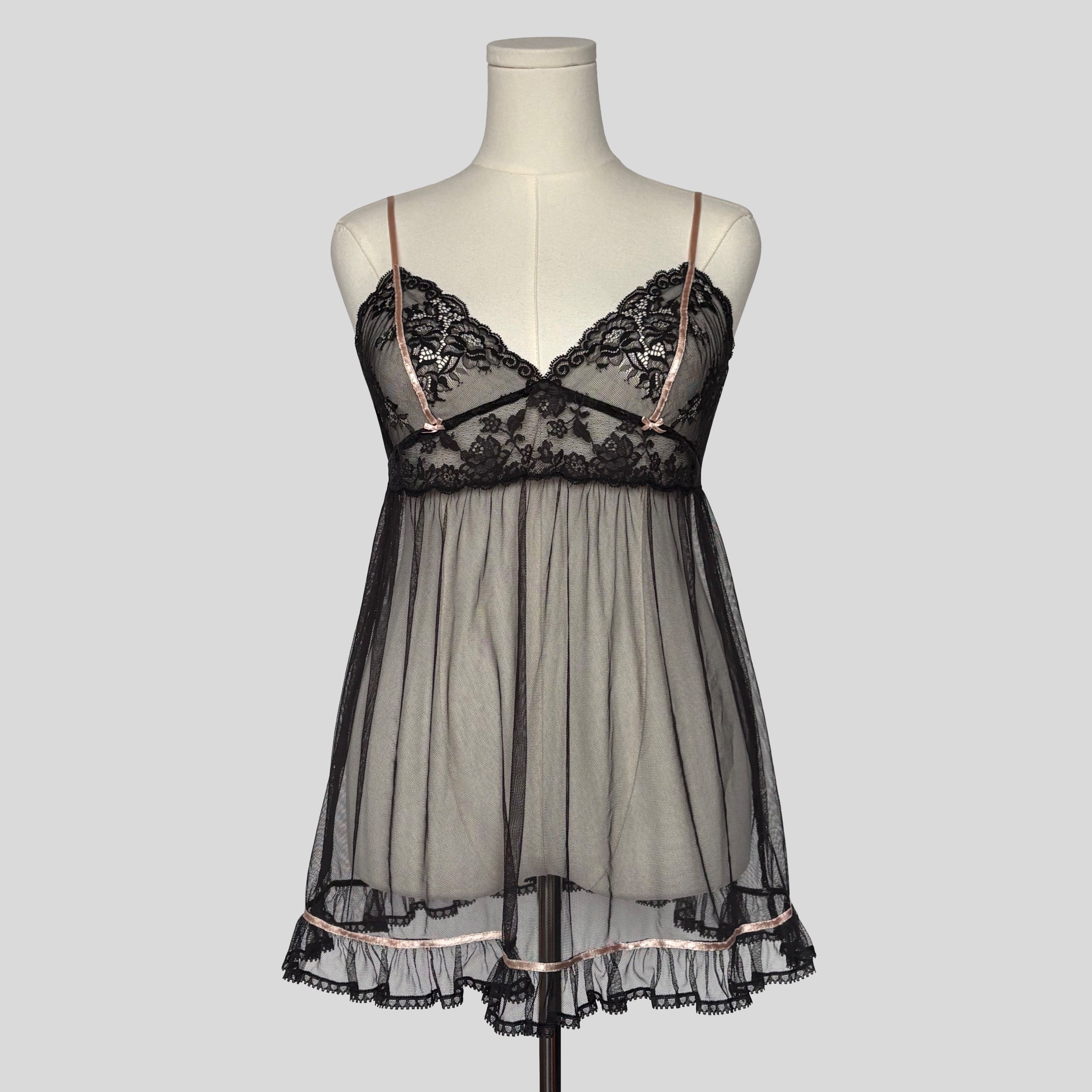 Sheer ribbon trim ruffled babydoll