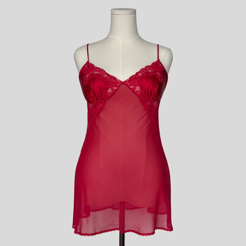 Sheer mesh back lace trim slip in red