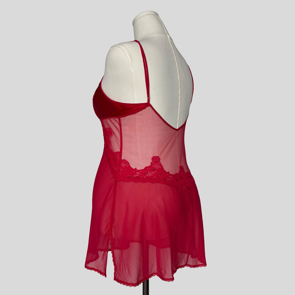 Sheer mesh back lace trim slip in red