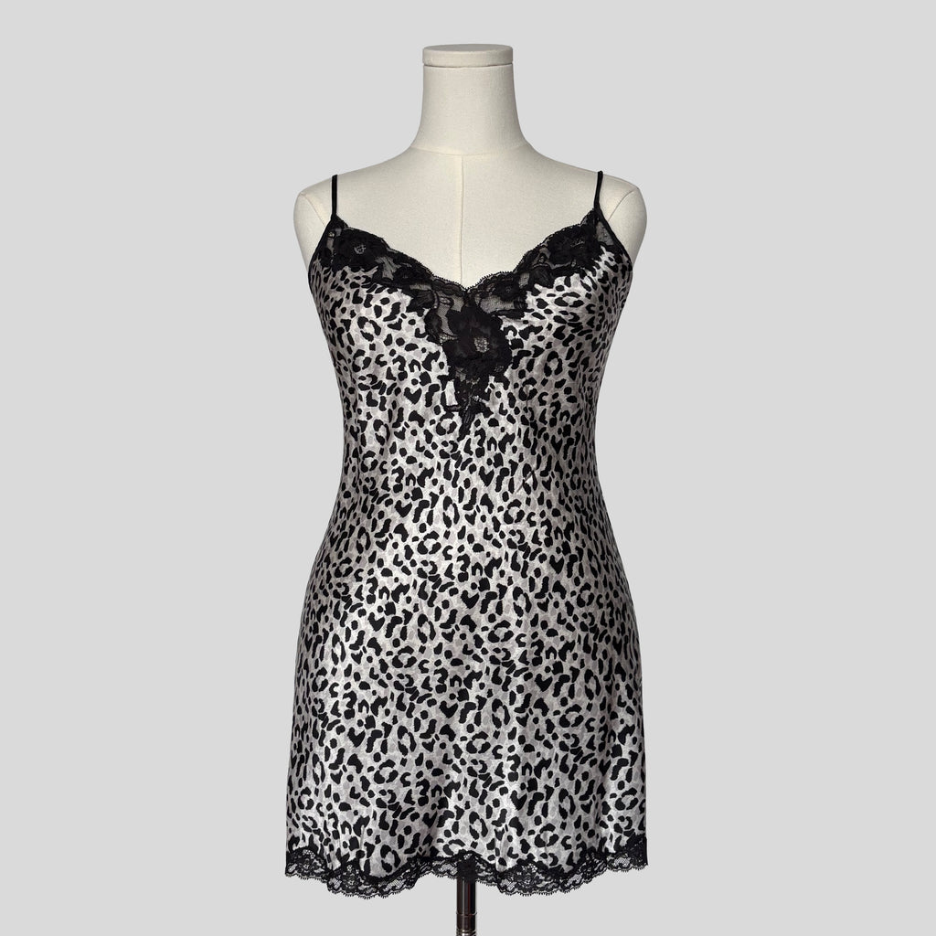 Sweetheart sheer lace back slip dress in leopard print