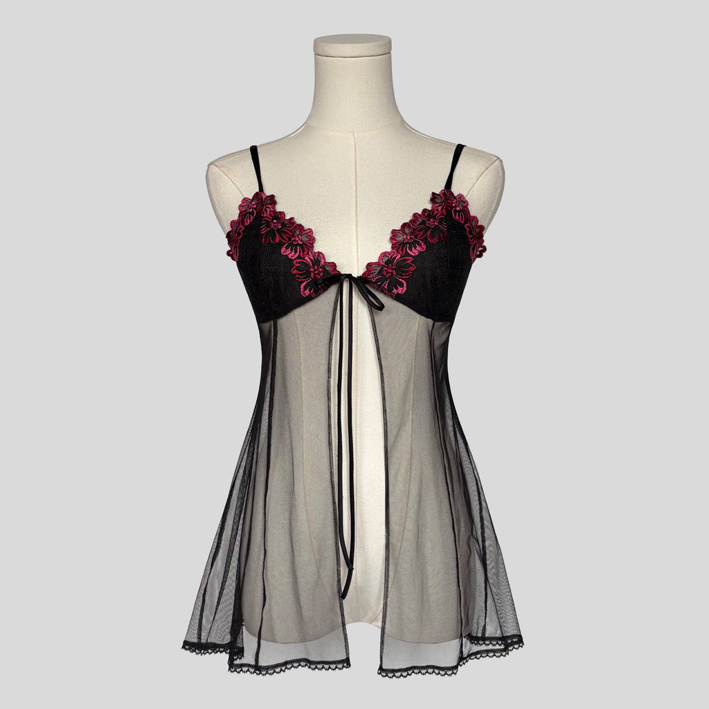 Embroidered split front mesh babydoll