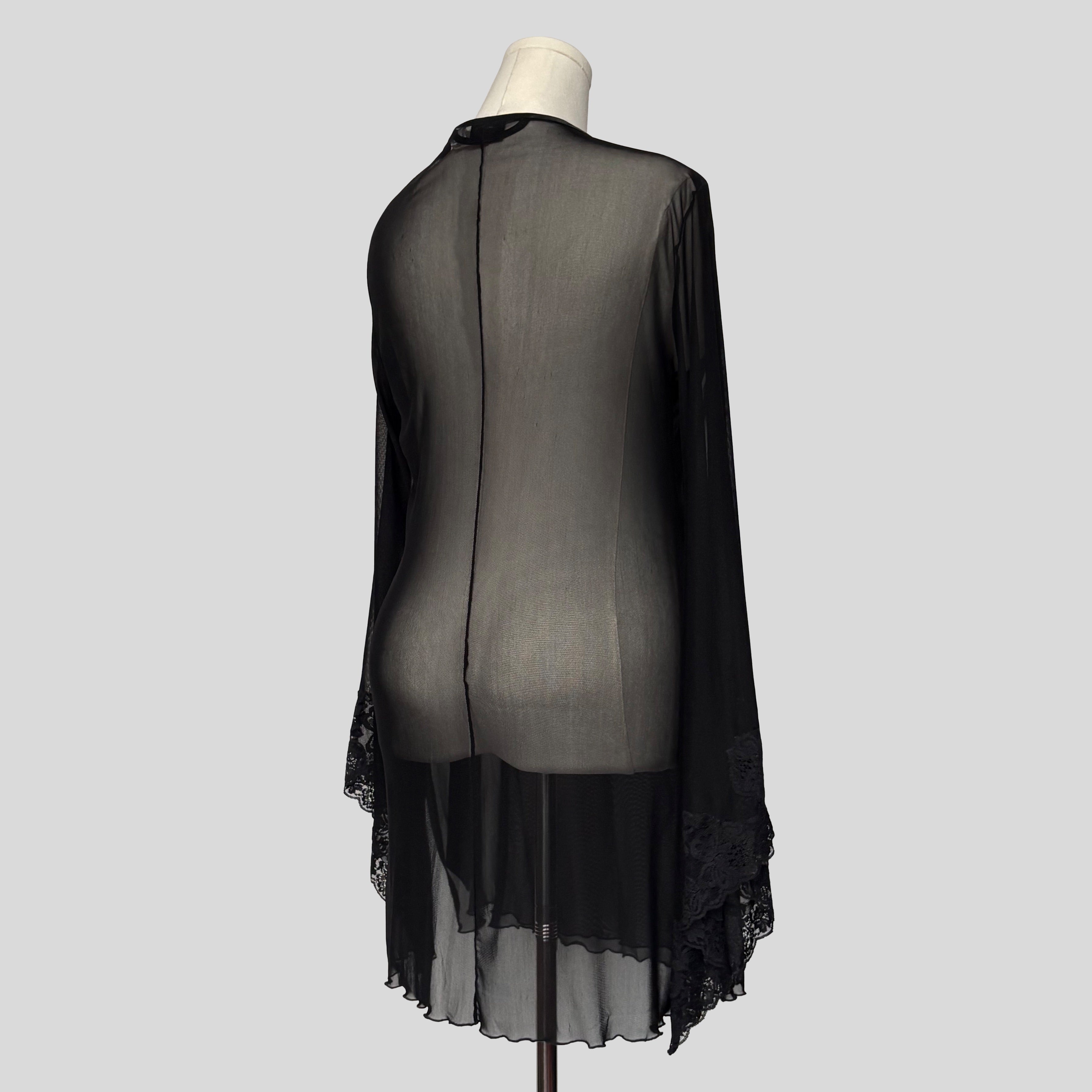 Sheer bell sleeve wrap robe with lace trim