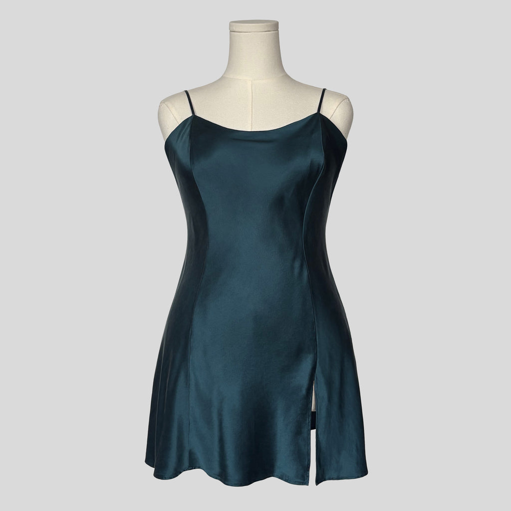 Silk slip dress in teal blue