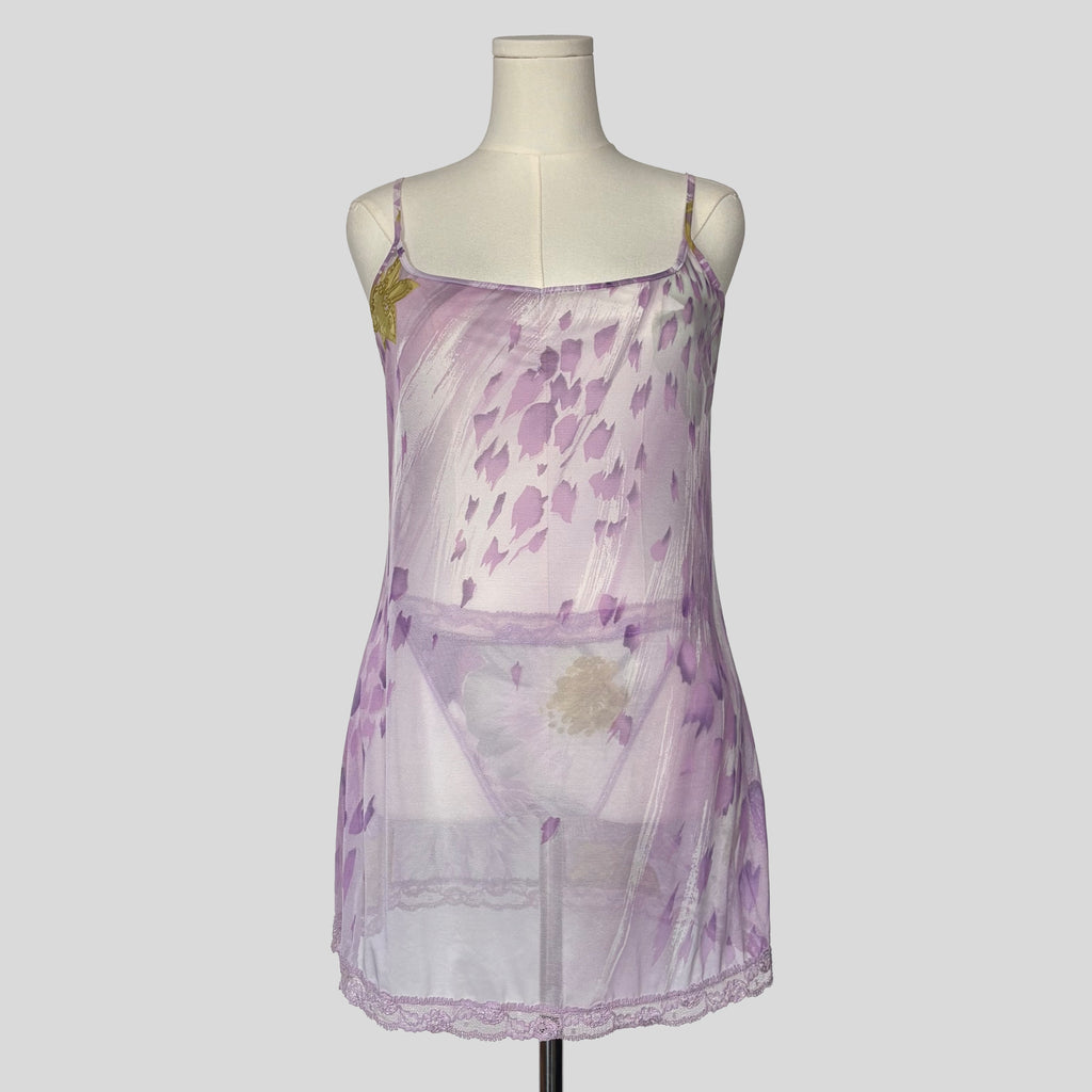 Sheer mesh slip dress with matching panties in purple floral