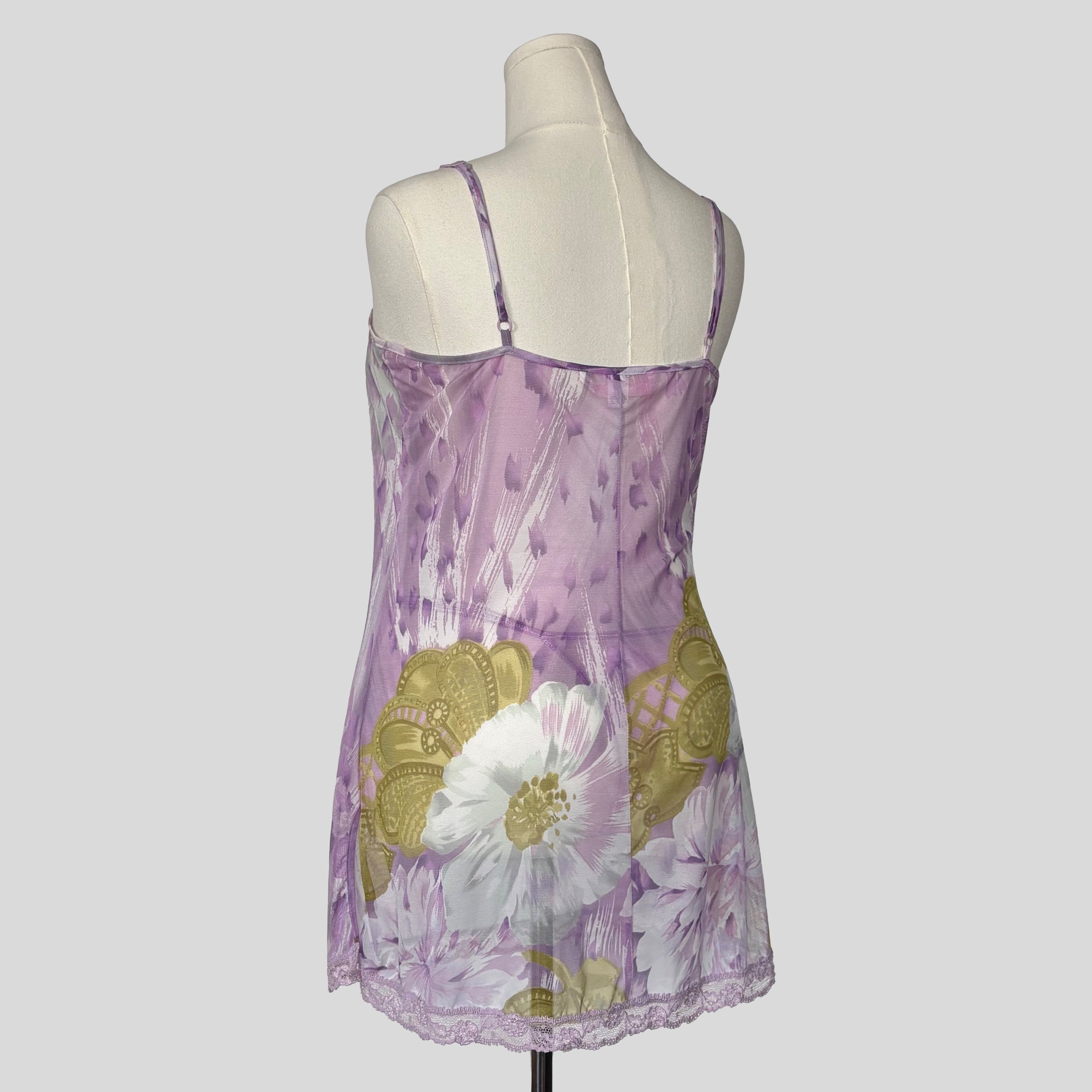 Sheer mesh slip dress with matching panties in purple floral