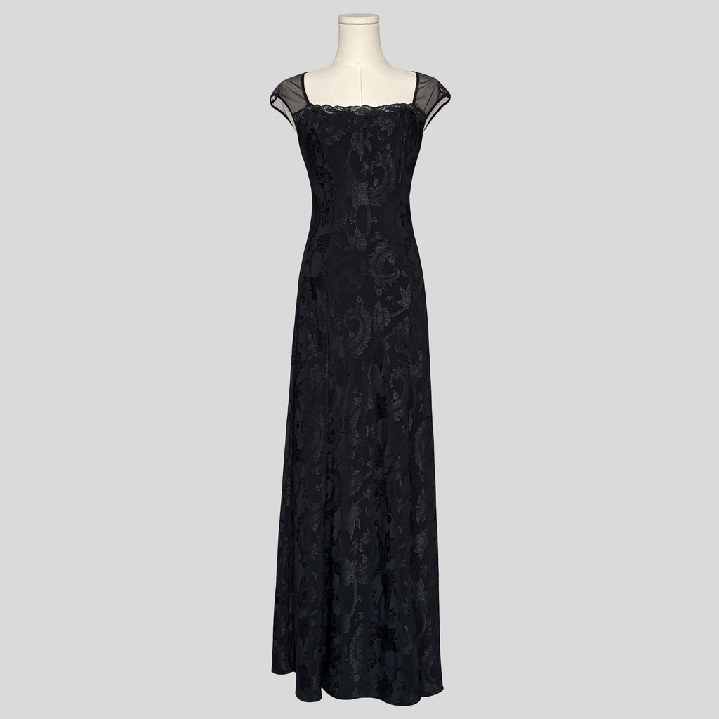 Brocade floral sheer back gown