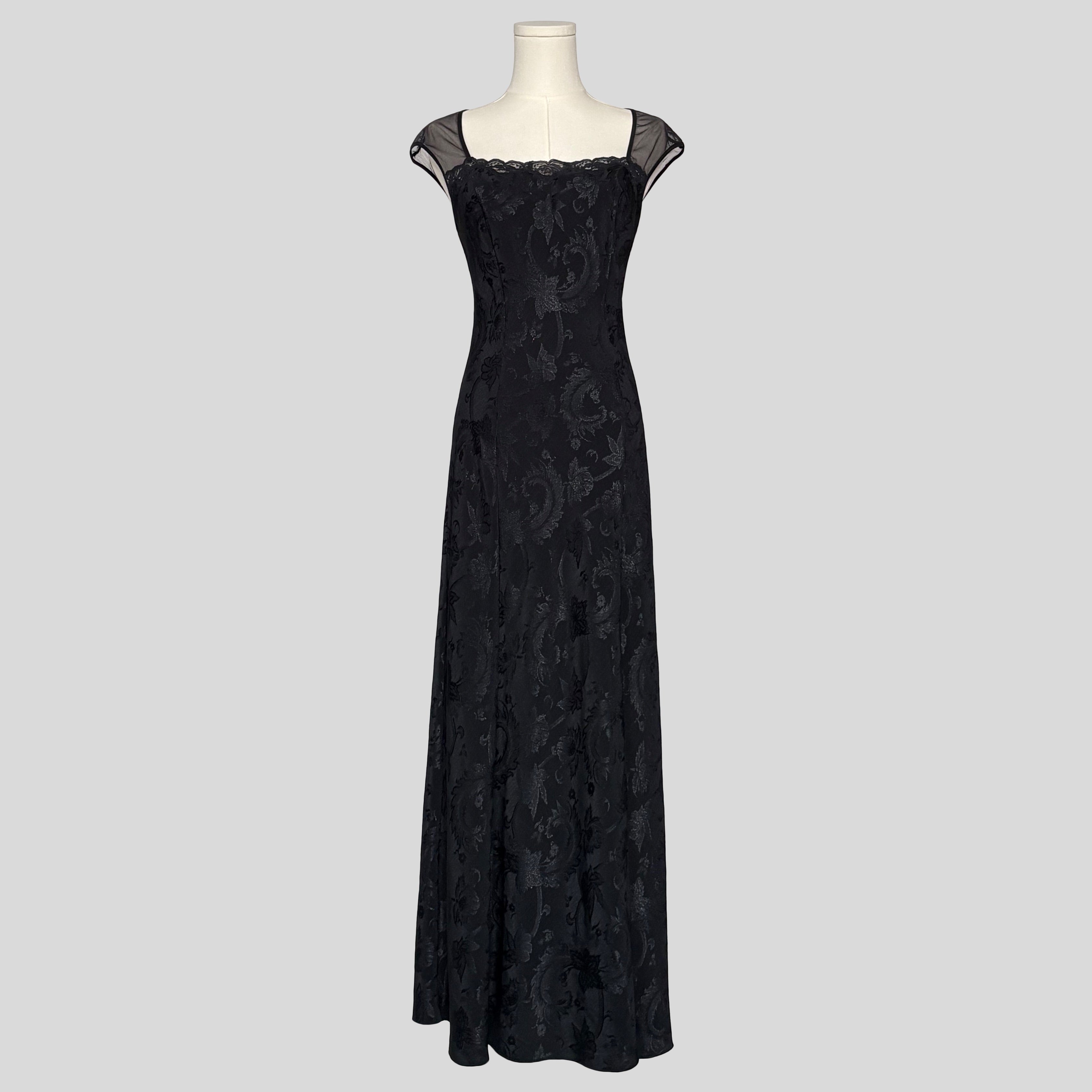 Brocade floral sheer back gown