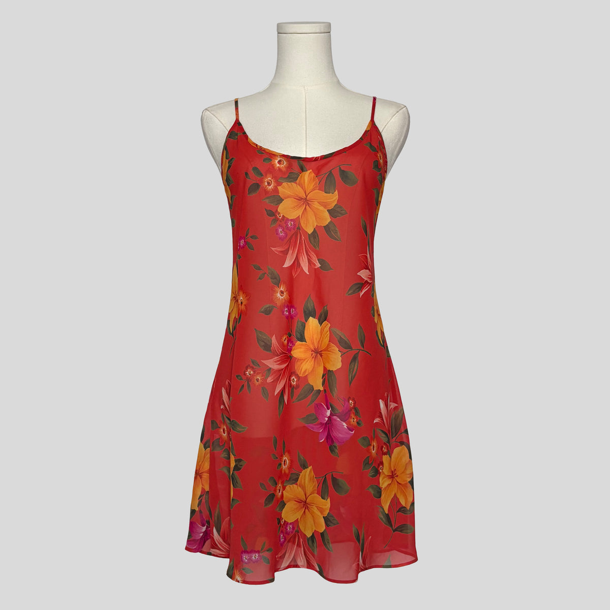 Simple sheer slip dress in dark orange floral