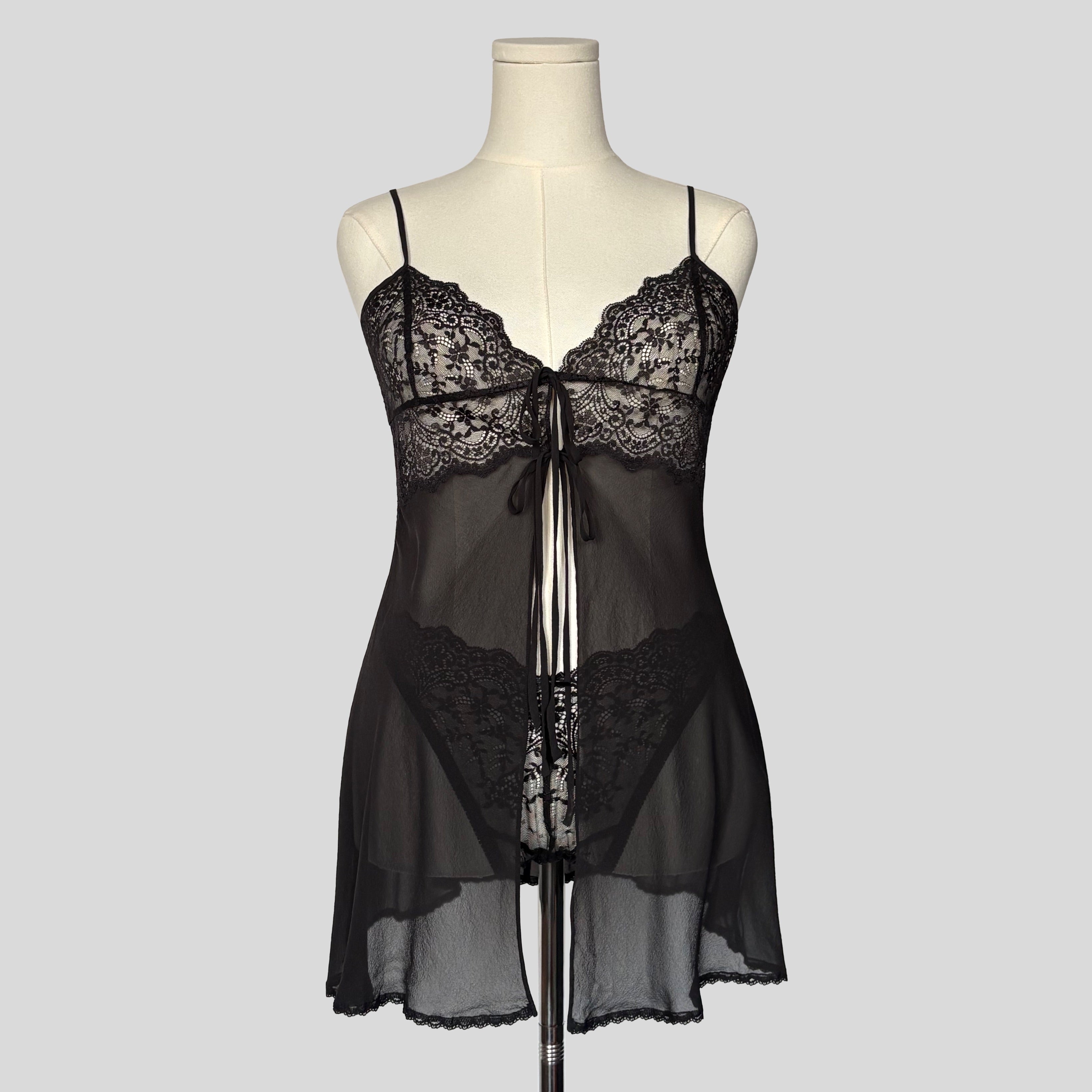Sheer split front chemise in black with matching panties