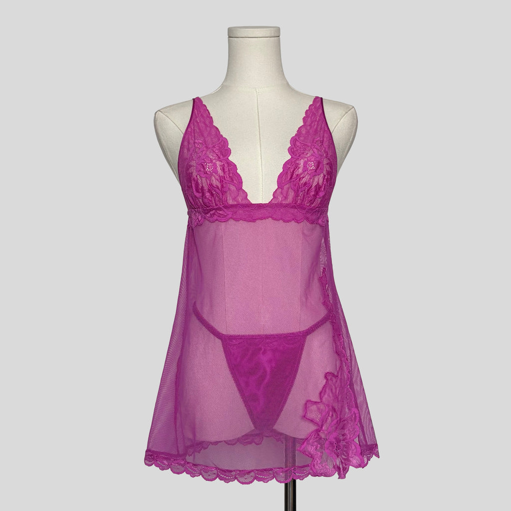 Sheer lace trim dress with matching panties