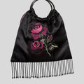 Floral embroidered beaded fringe trim purse in black
