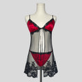 Sheer lace trim split front babydoll dress with matching panties in red