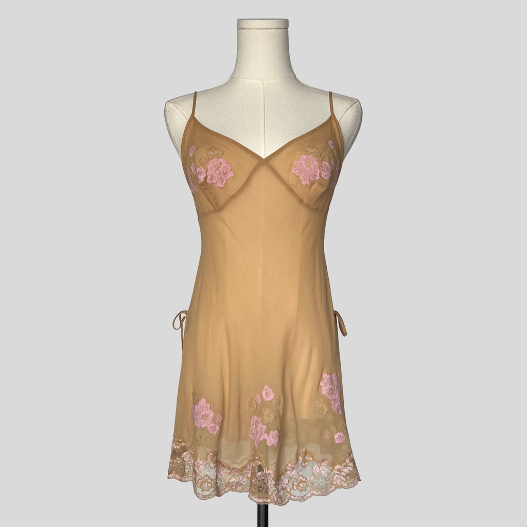 Rare Uptown Girls sheer lace trim silk slip in nude