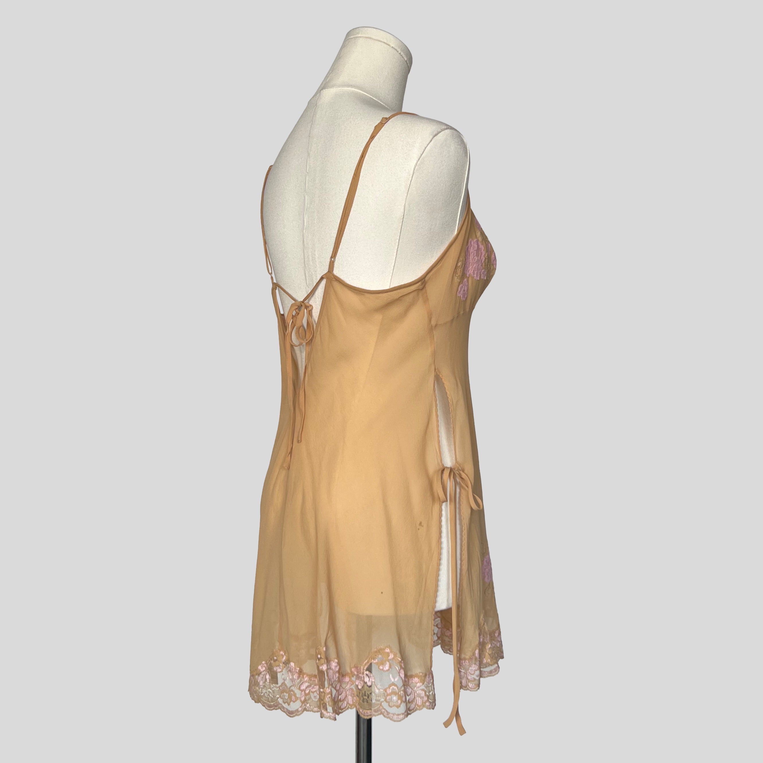 Rare Uptown Girls sheer lace trim silk slip in nude