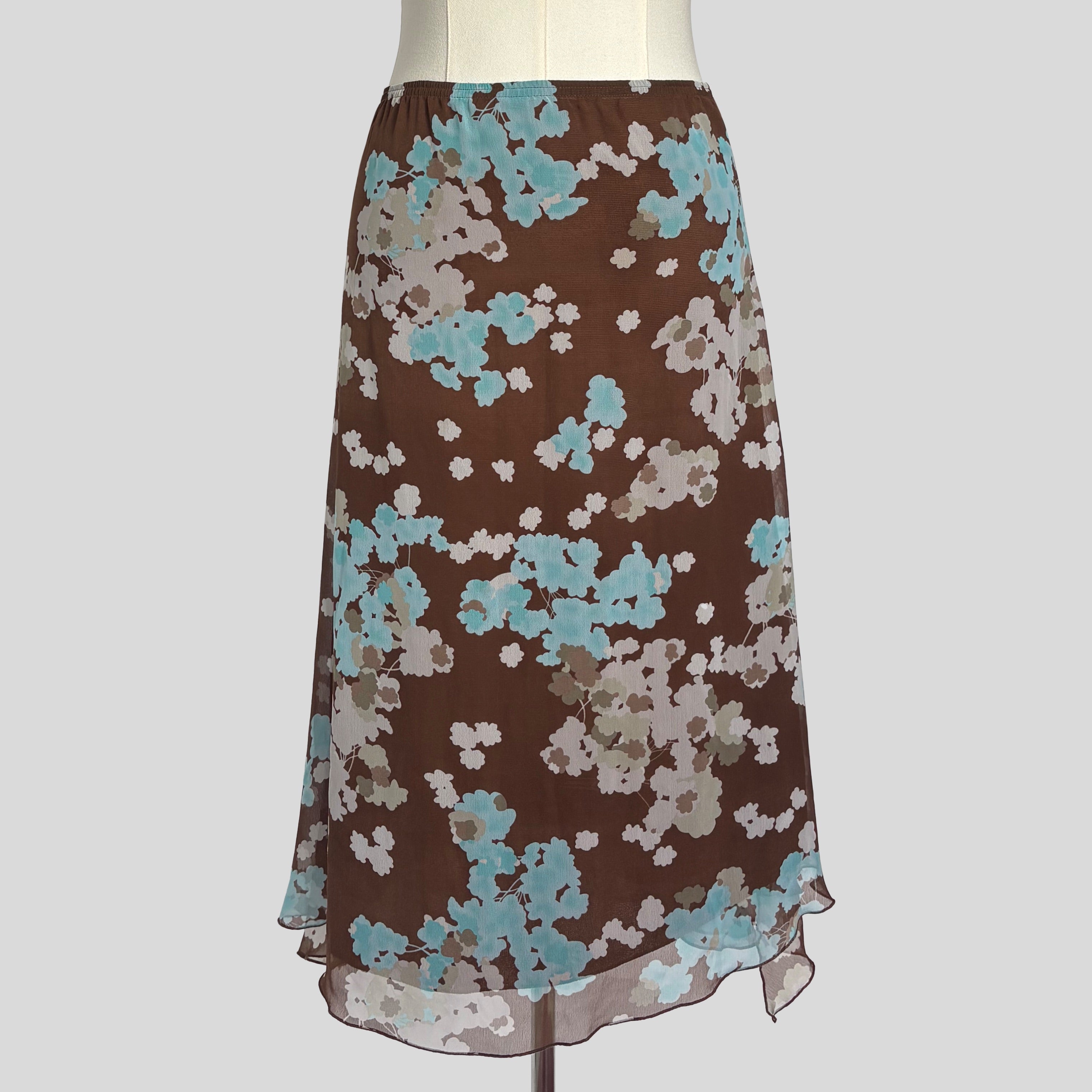 Floral midi skirt in brown and blue